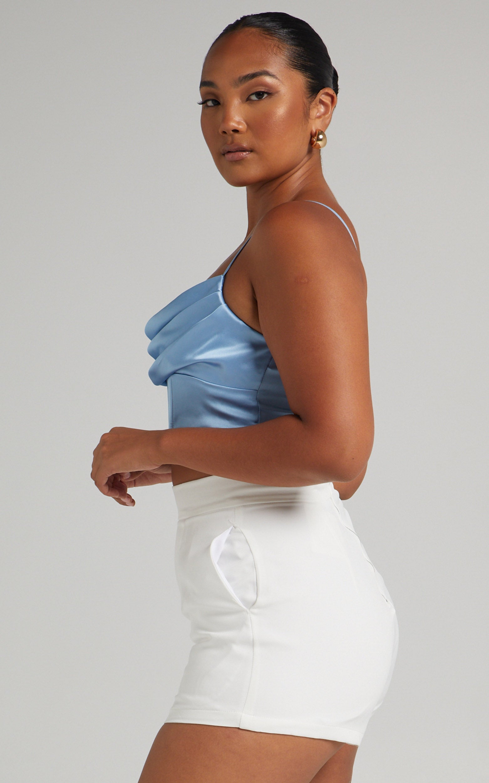 Jadey Cowl Neck Corset Crop Top in Dusty Blue Satin