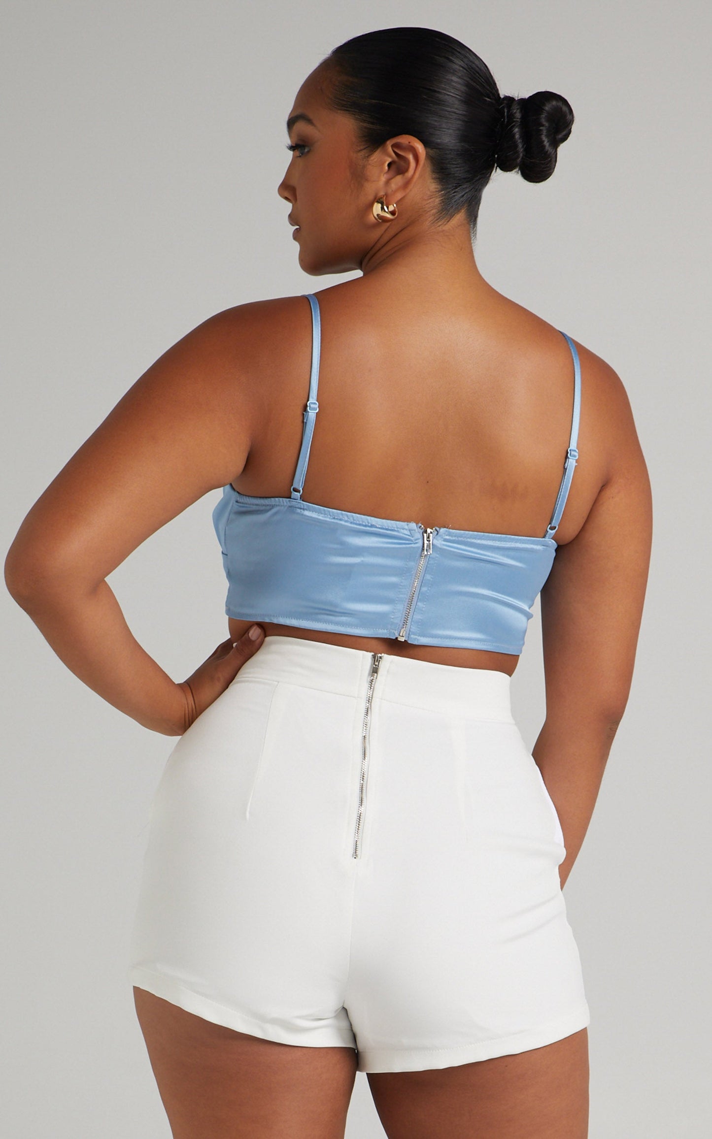 Jadey Cowl Neck Corset Crop Top in Dusty Blue Satin