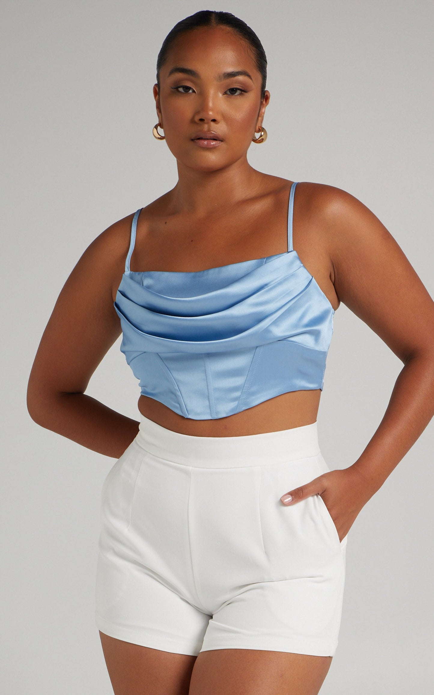Jadey Cowl Neck Corset Crop Top in Dusty Blue Satin