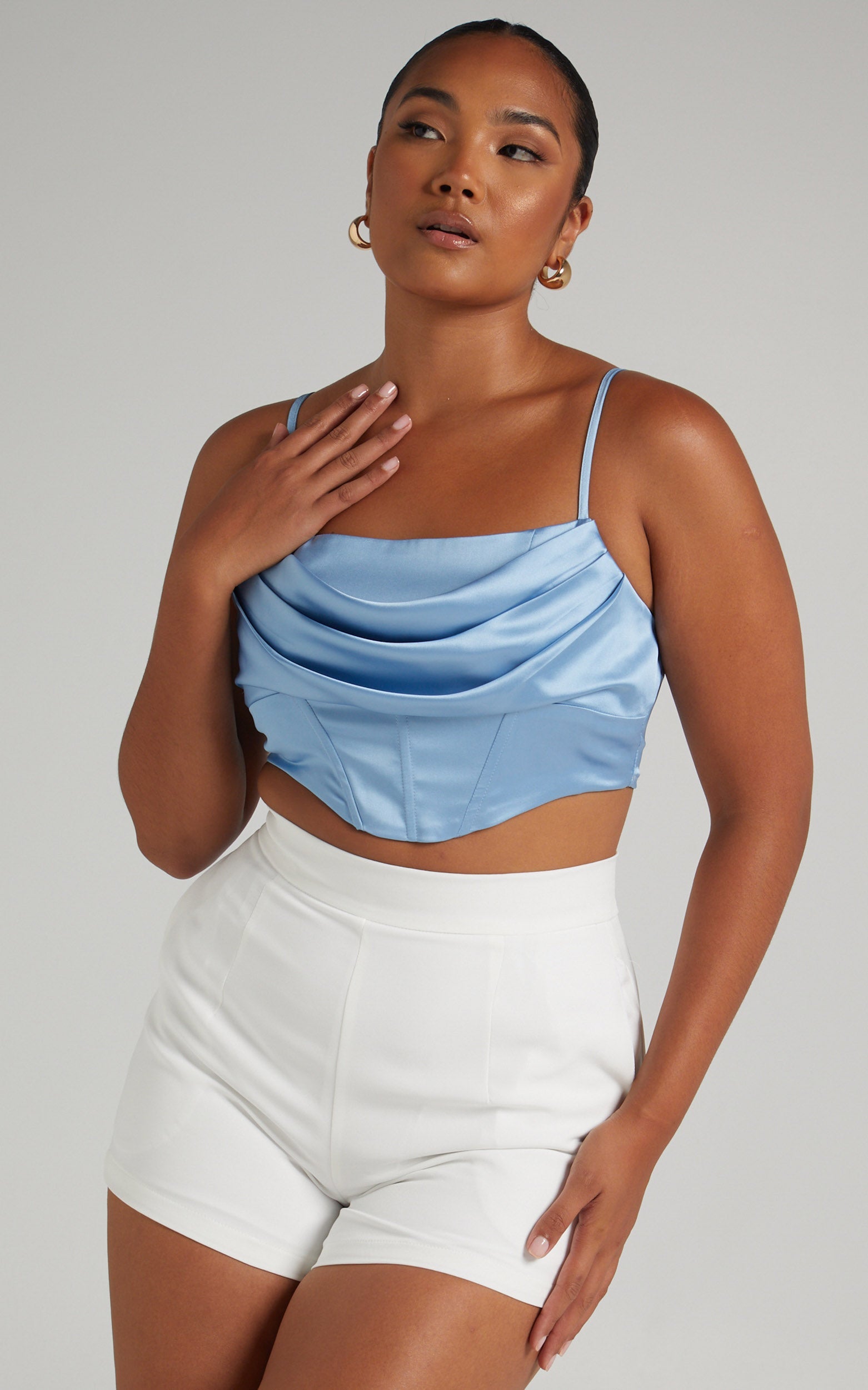 Jadey Cowl Neck Corset Crop Top in Dusty Blue Satin