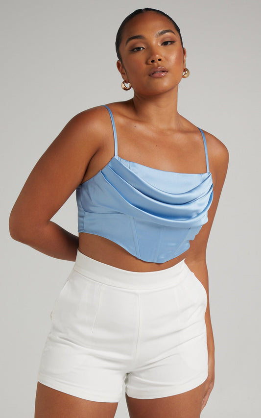 Jadey Cowl Neck Corset Crop Top in Dusty Blue Satin