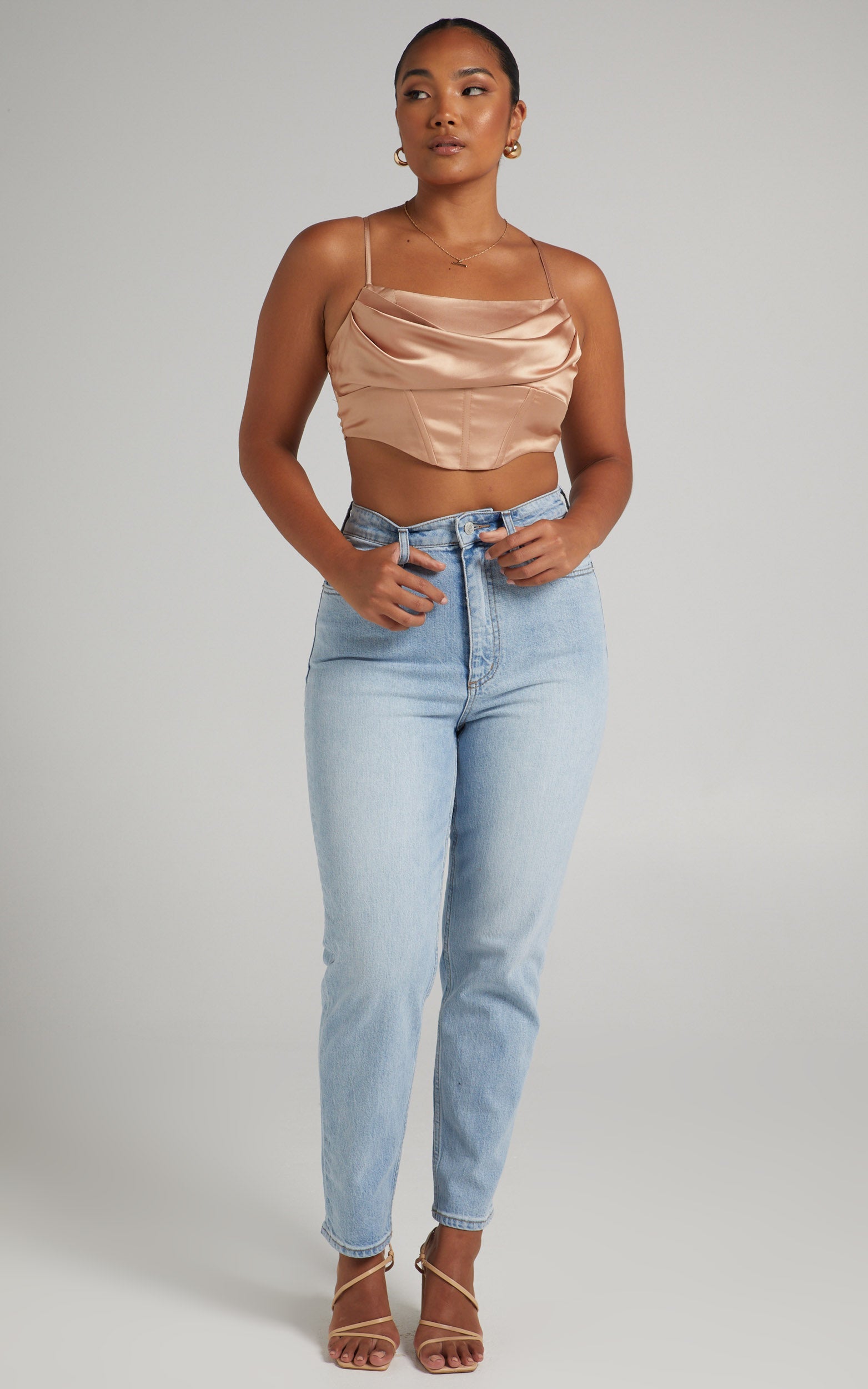 Jadey Cowl Neck Corset Crop Top in Nude Satin