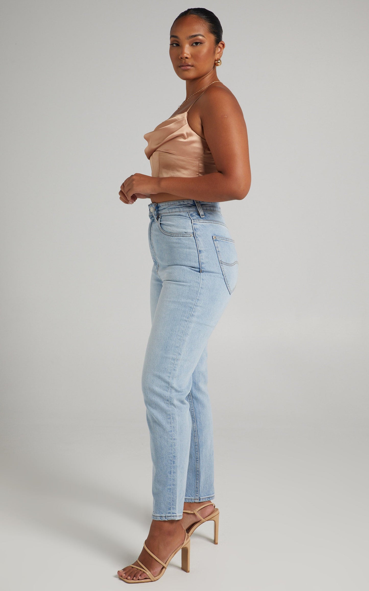 Jadey Cowl Neck Corset Crop Top in Nude Satin