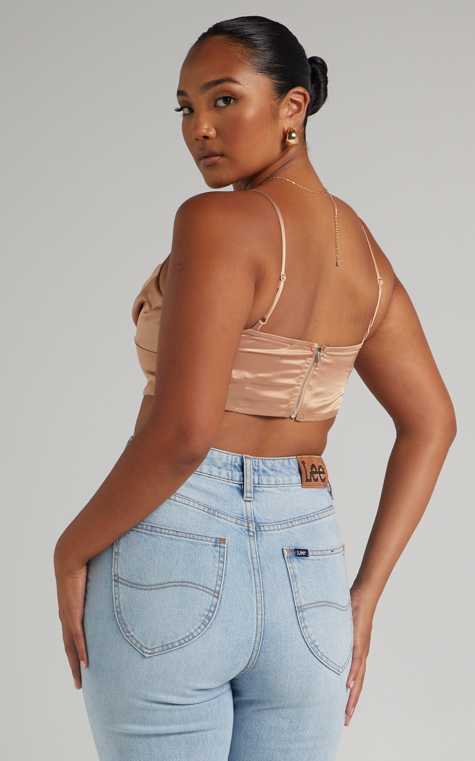 Jadey Cowl Neck Corset Crop Top in Nude Satin