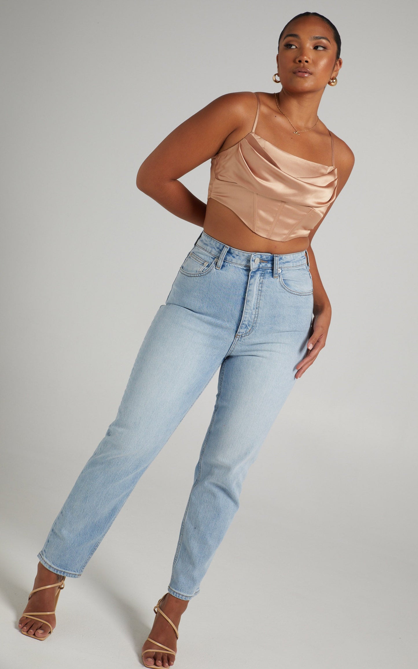 Jadey Cowl Neck Corset Crop Top in Nude Satin