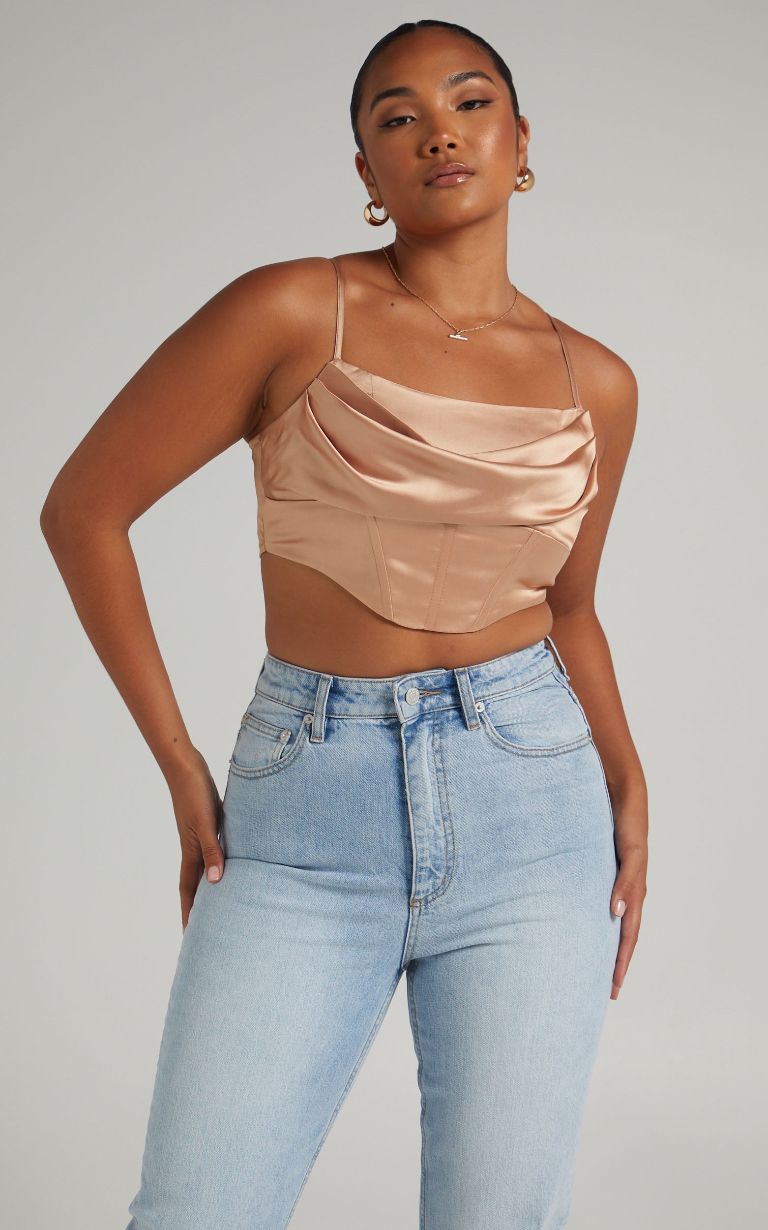 Jadey Cowl Neck Corset Crop Top in Nude Satin