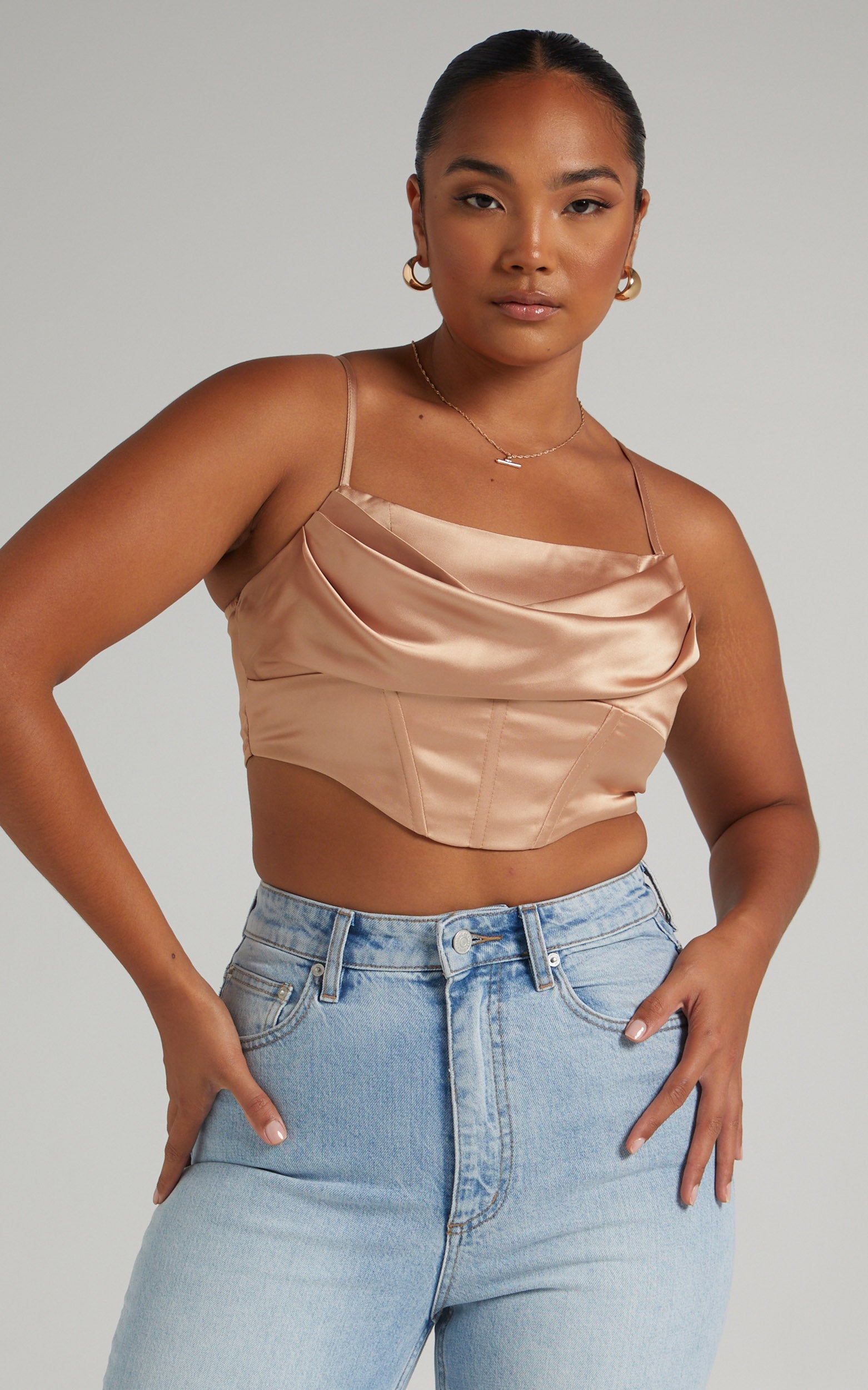 Jadey Cowl Neck Corset Crop Top in Nude Satin