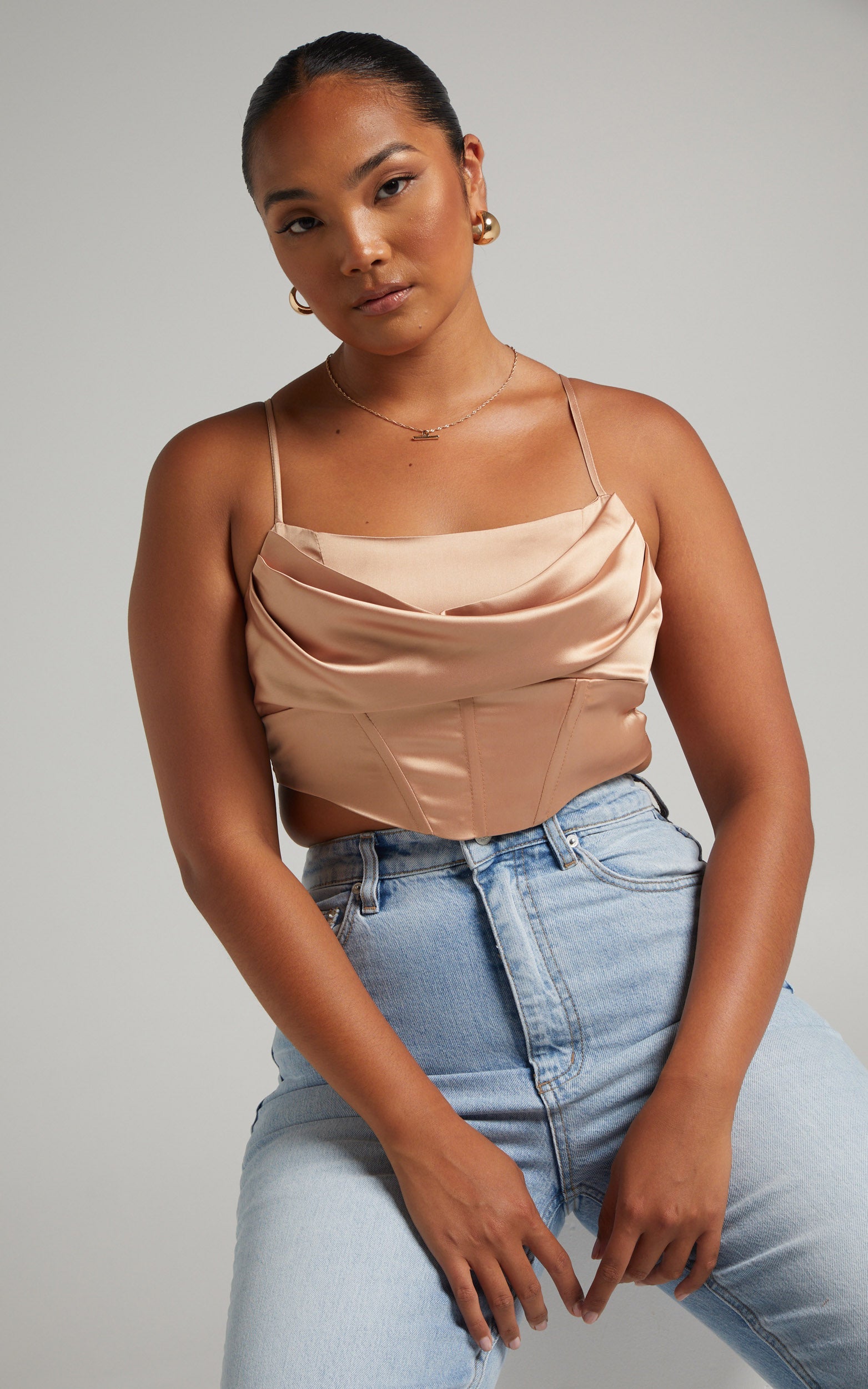 Jadey Cowl Neck Corset Crop Top in Nude Satin