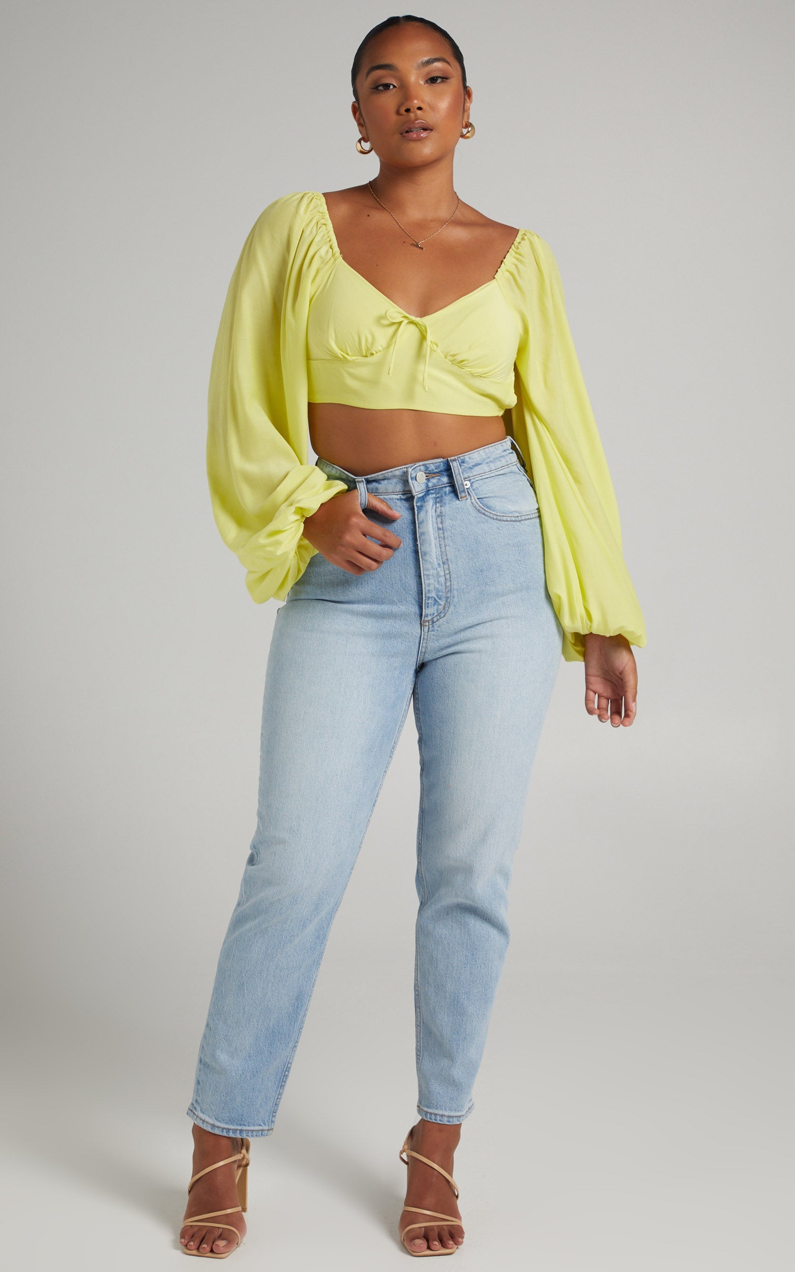 Shantal Balloon Sleeve Open Back Crop Top in Pastel Yellow