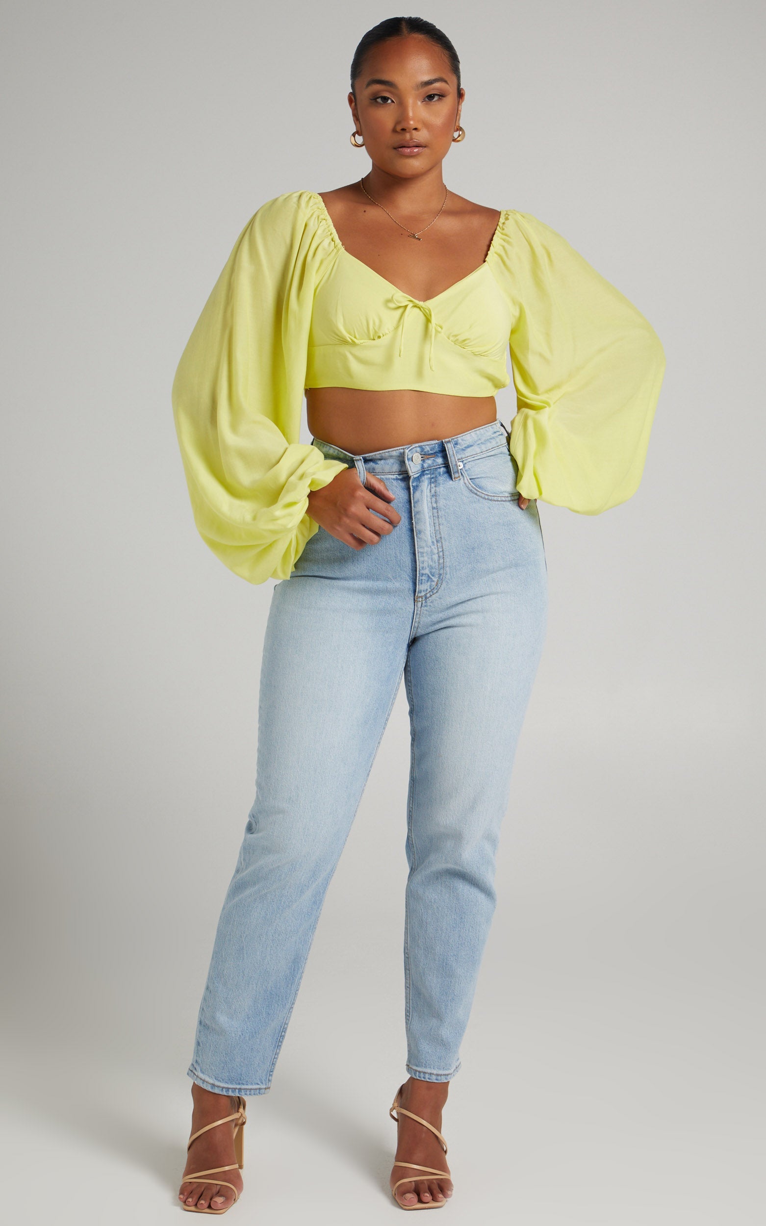 Shantal Balloon Sleeve Open Back Crop Top in Pastel Yellow