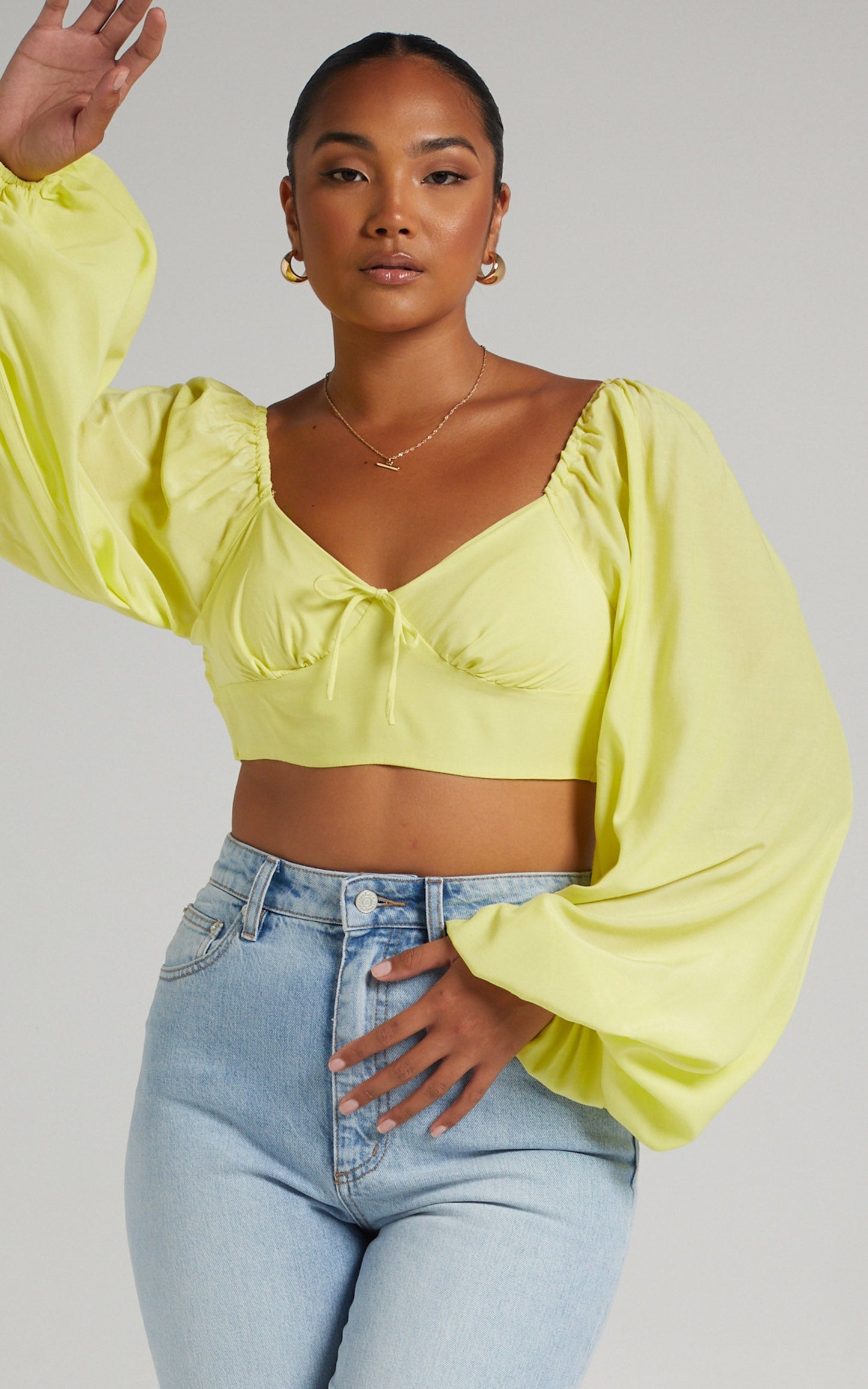 Shantal Balloon Sleeve Open Back Crop Top in Pastel Yellow