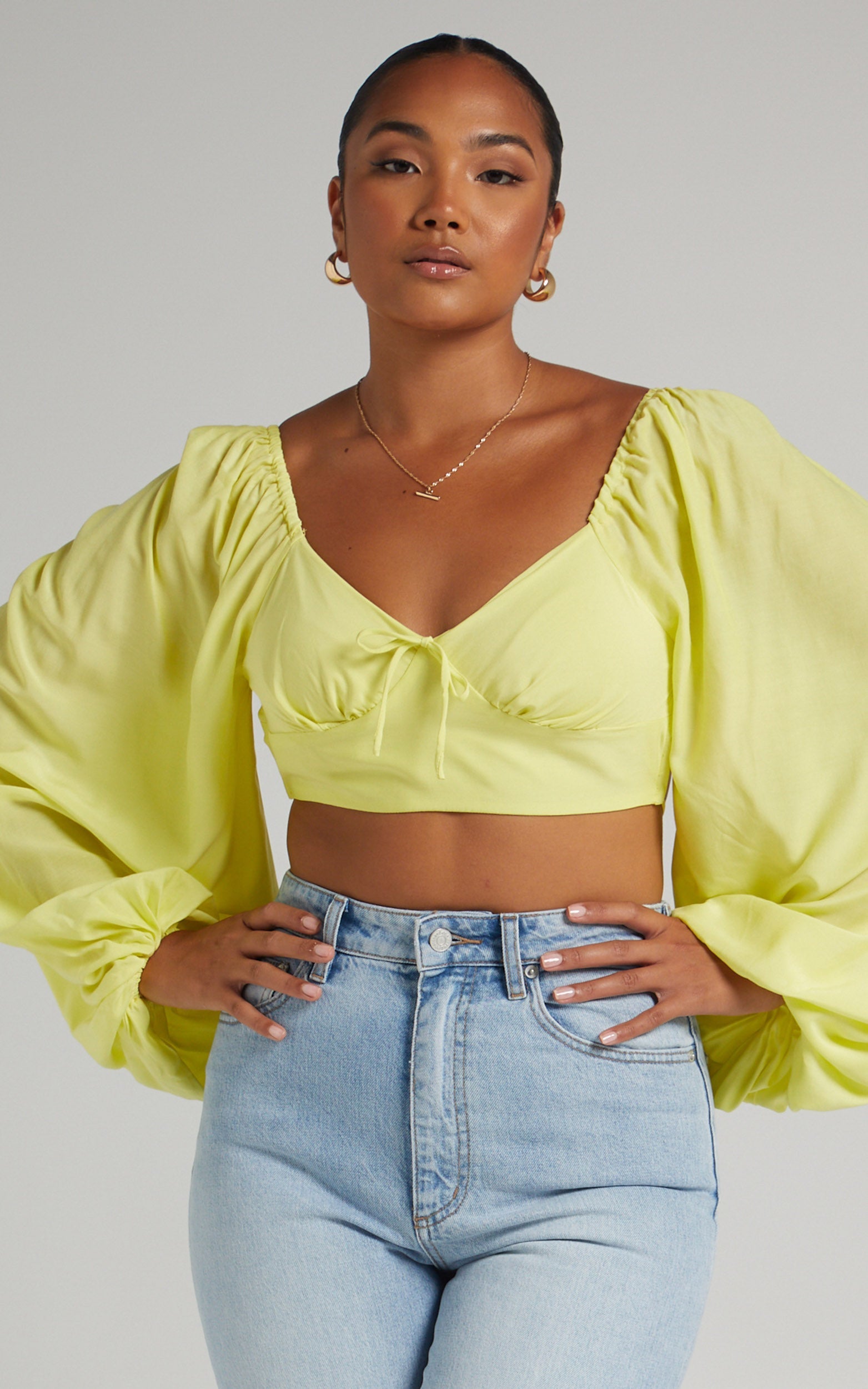 Shantal Balloon Sleeve Open Back Crop Top in Pastel Yellow