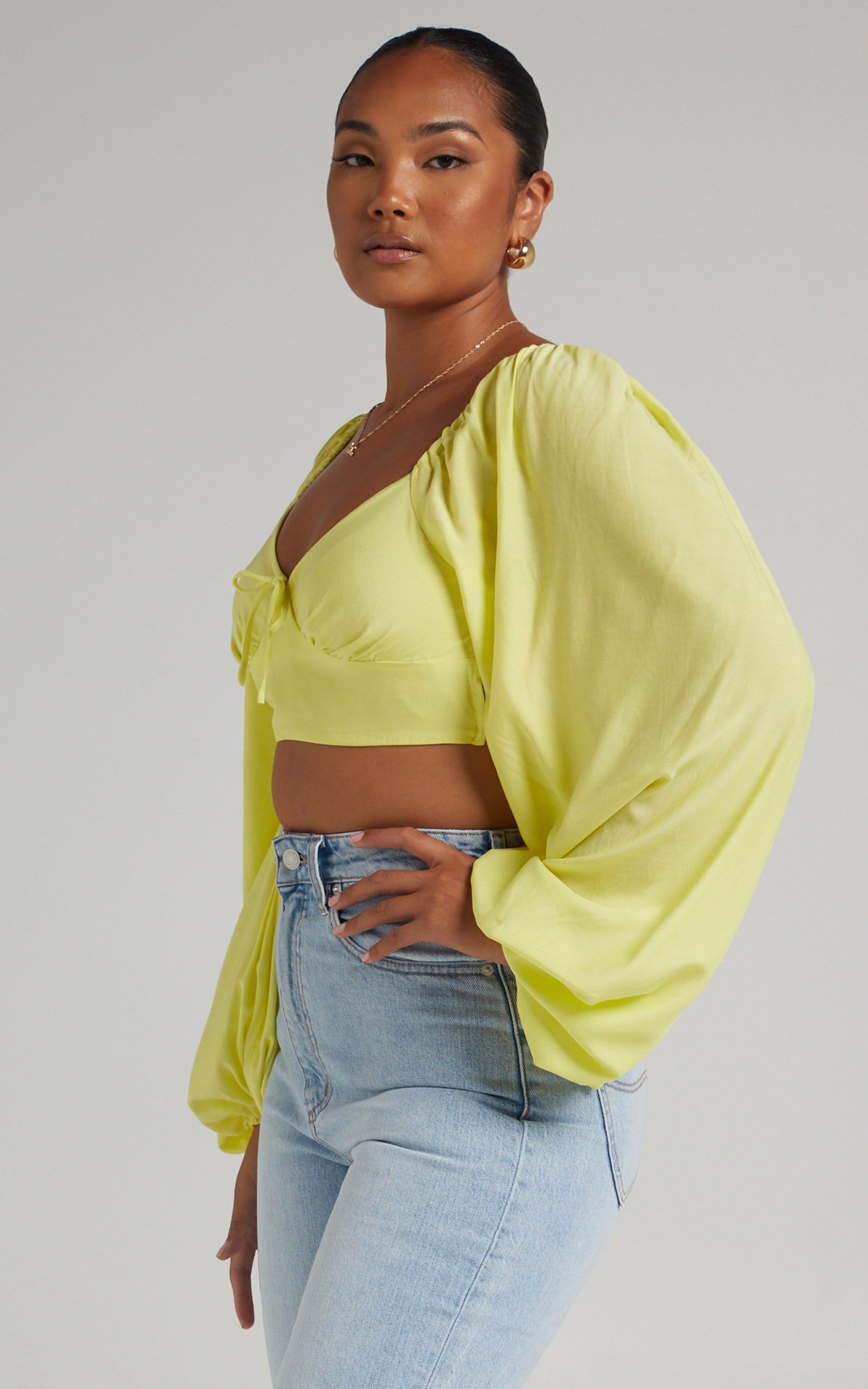 Shantal Balloon Sleeve Open Back Crop Top in Pastel Yellow