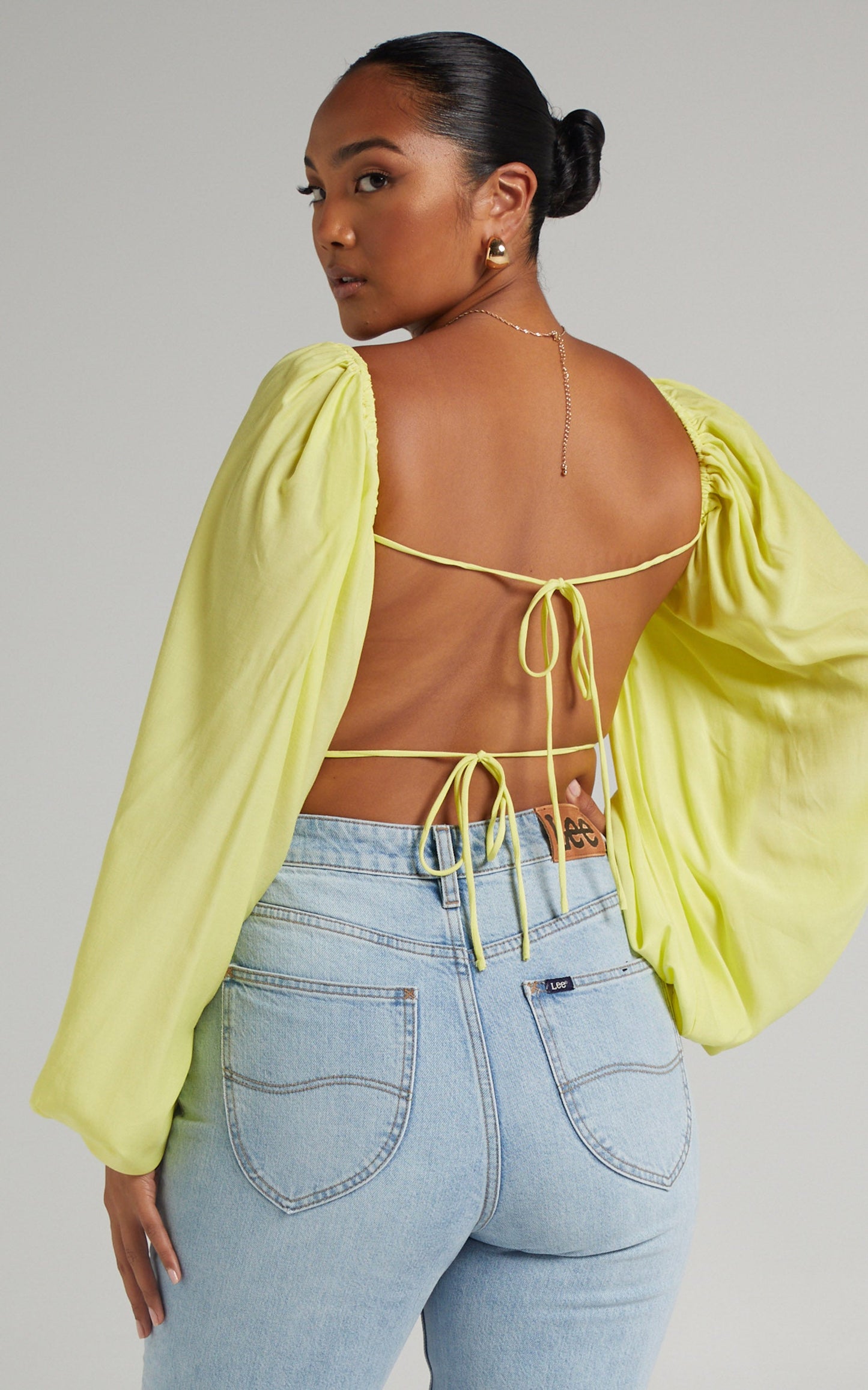 Shantal Balloon Sleeve Open Back Crop Top in Pastel Yellow