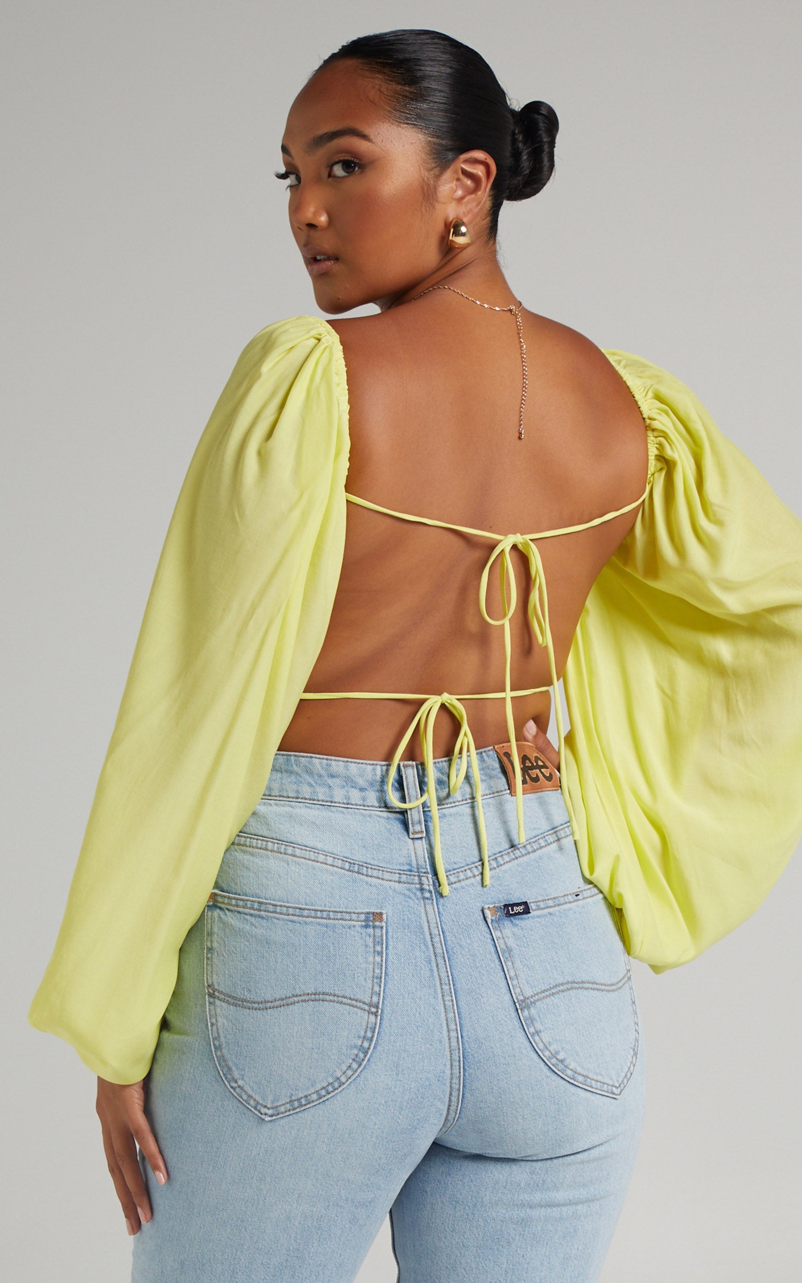 Shantal Balloon Sleeve Open Back Crop Top in Pastel Yellow