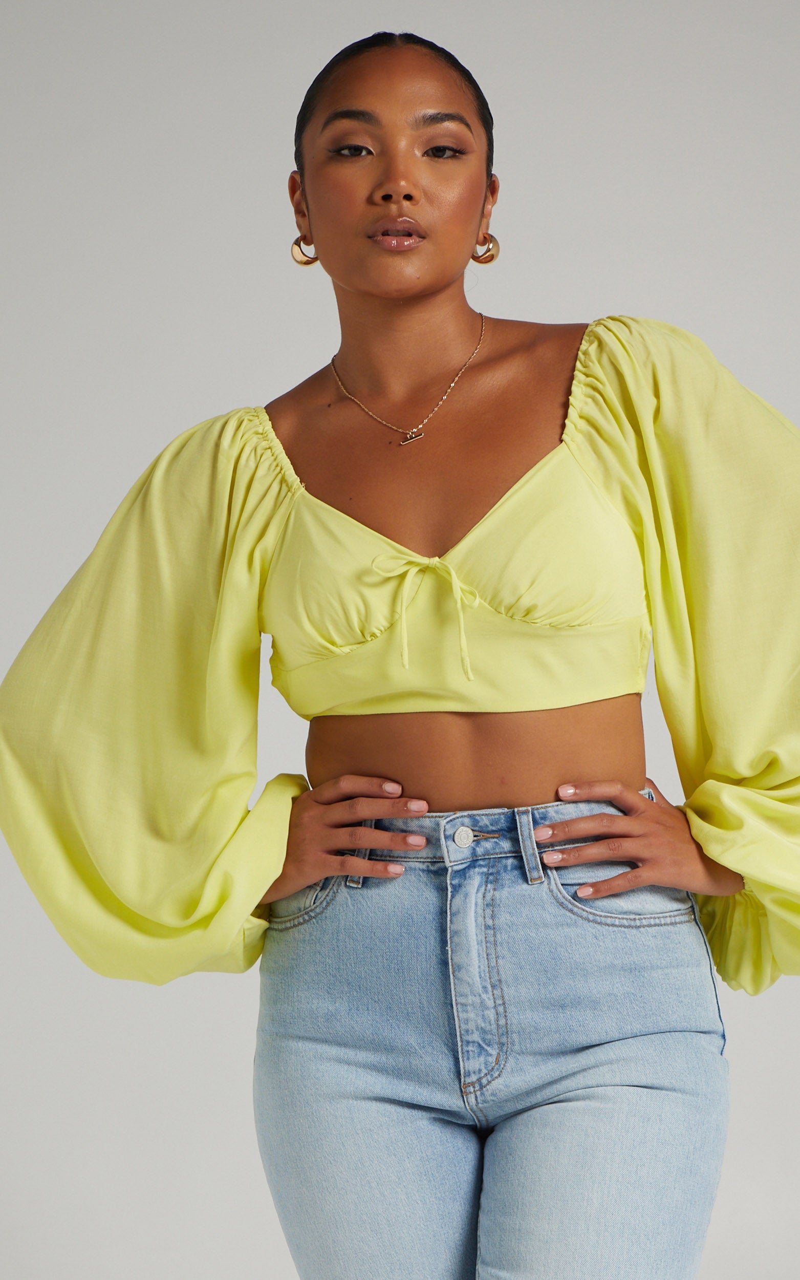Shantal Balloon Sleeve Open Back Crop Top in Pastel Yellow