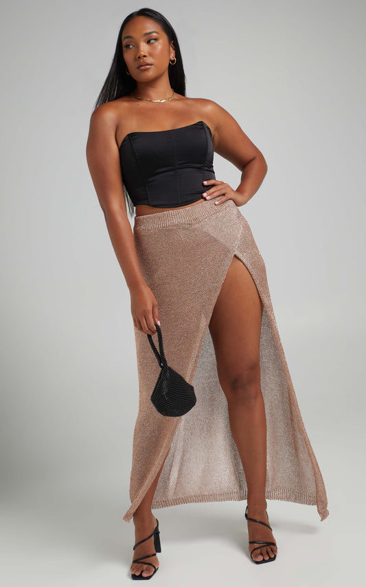 Colette Wrap Style Lurex Knit Skirt in Rose Gold