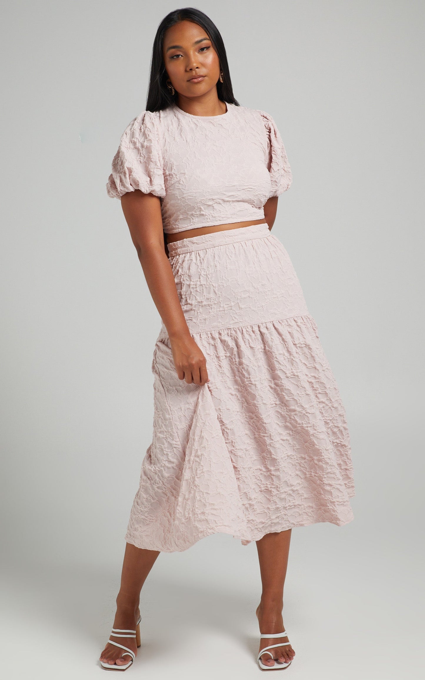 Leila Two Piece Set - Puff Sleeve Top and Midi Skirt Set in Pink