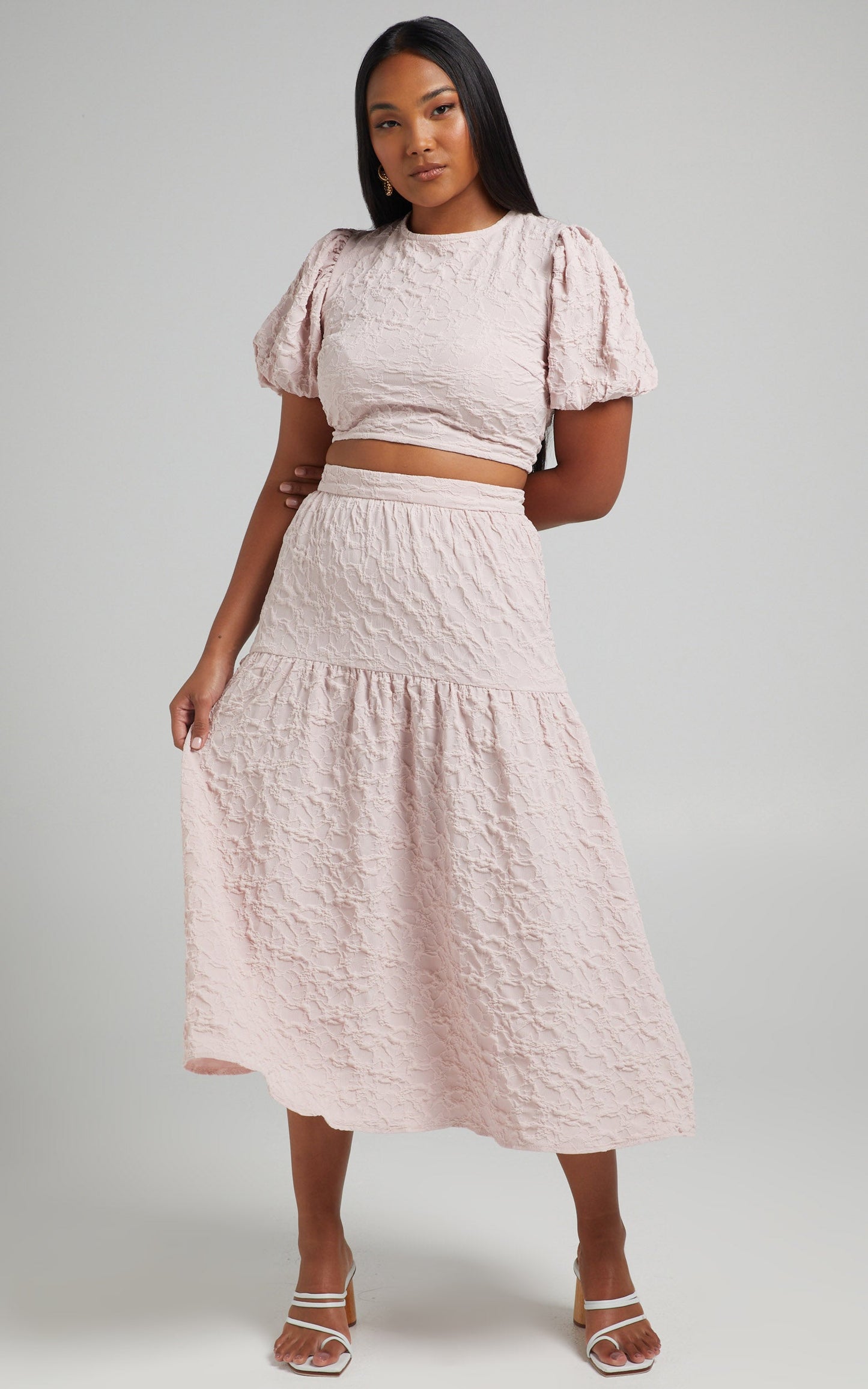 Leila Two Piece Set - Puff Sleeve Top and Midi Skirt Set in Pink