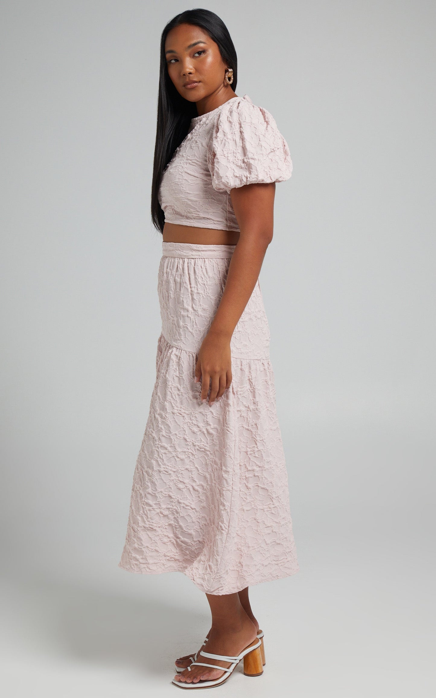 Leila Two Piece Set - Puff Sleeve Top and Midi Skirt Set in Pink
