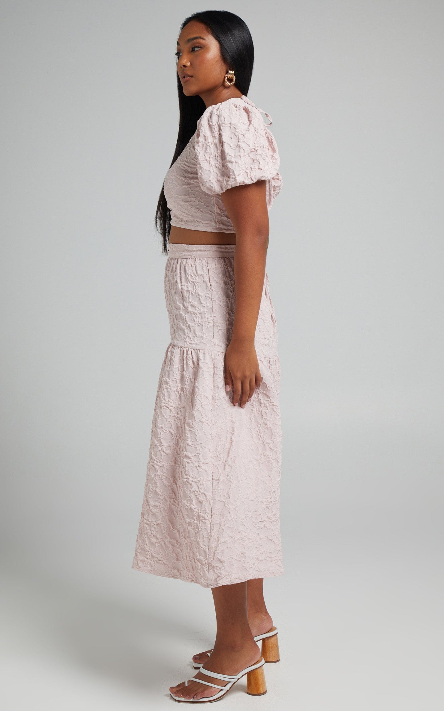 Leila Two Piece Set - Puff Sleeve Top and Midi Skirt Set in Pink