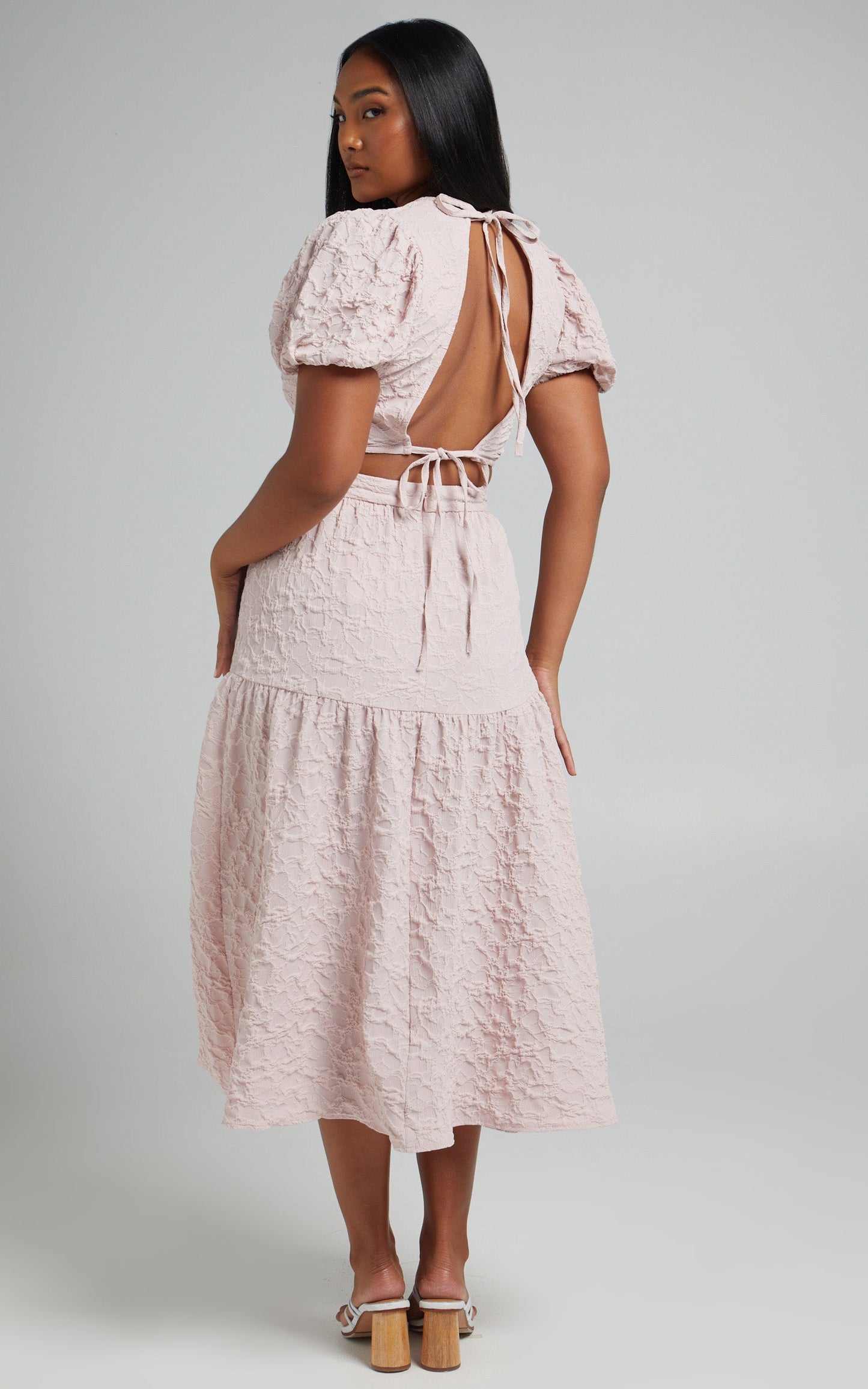 Leila Two Piece Set - Puff Sleeve Top and Midi Skirt Set in Pink
