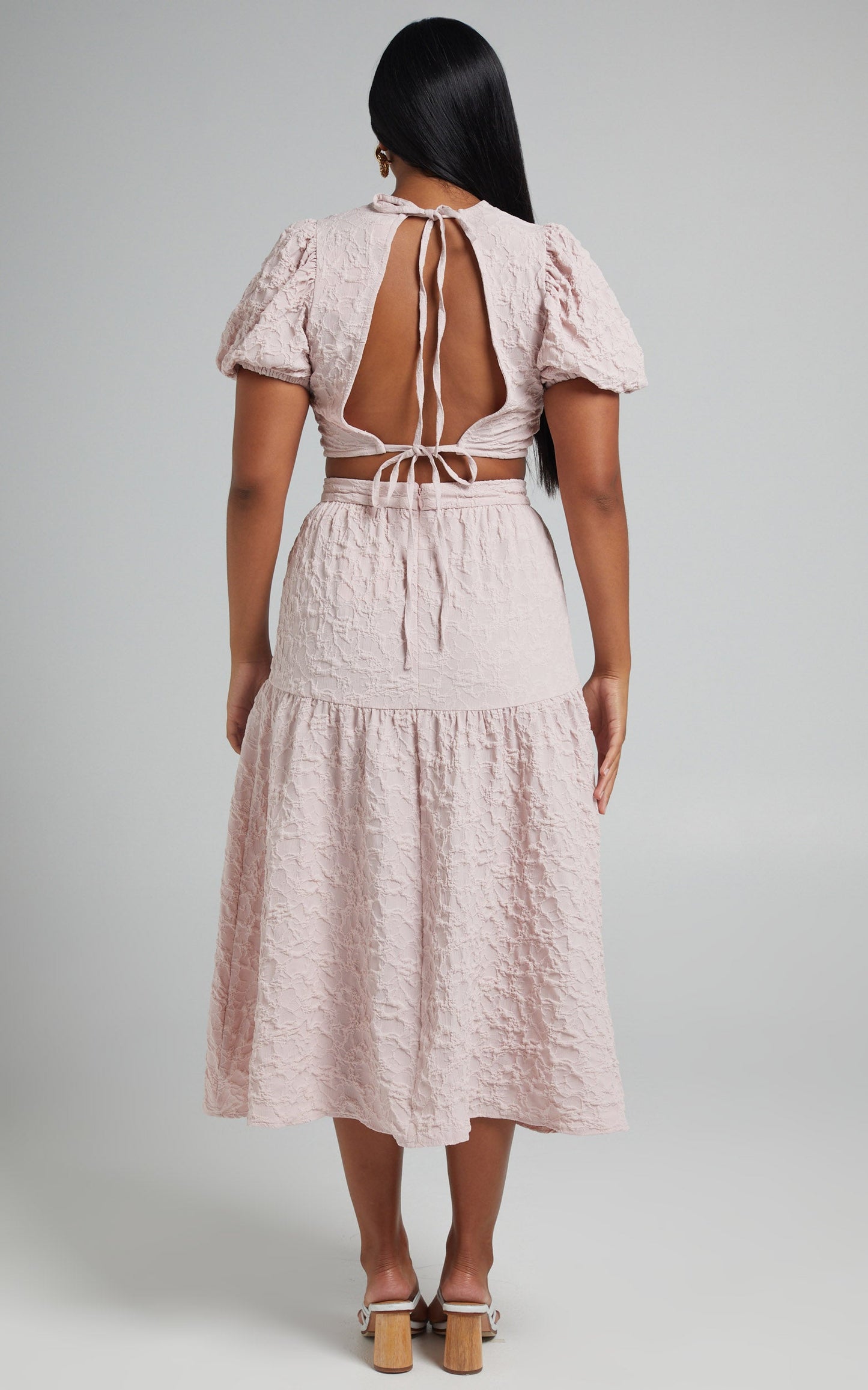 Leila Two Piece Set - Puff Sleeve Top and Midi Skirt Set in Pink