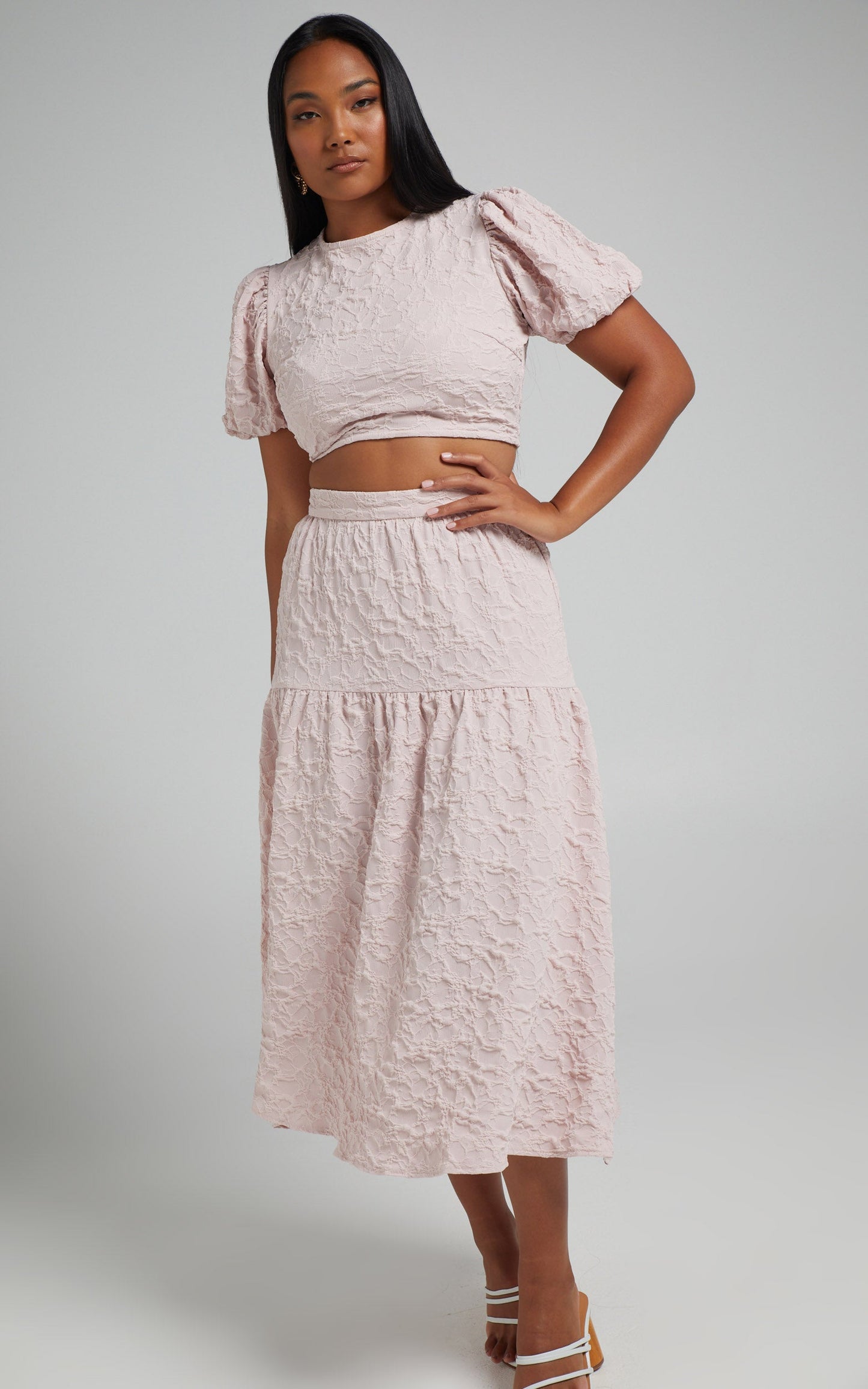 Leila Two Piece Set - Puff Sleeve Top and Midi Skirt Set in Pink