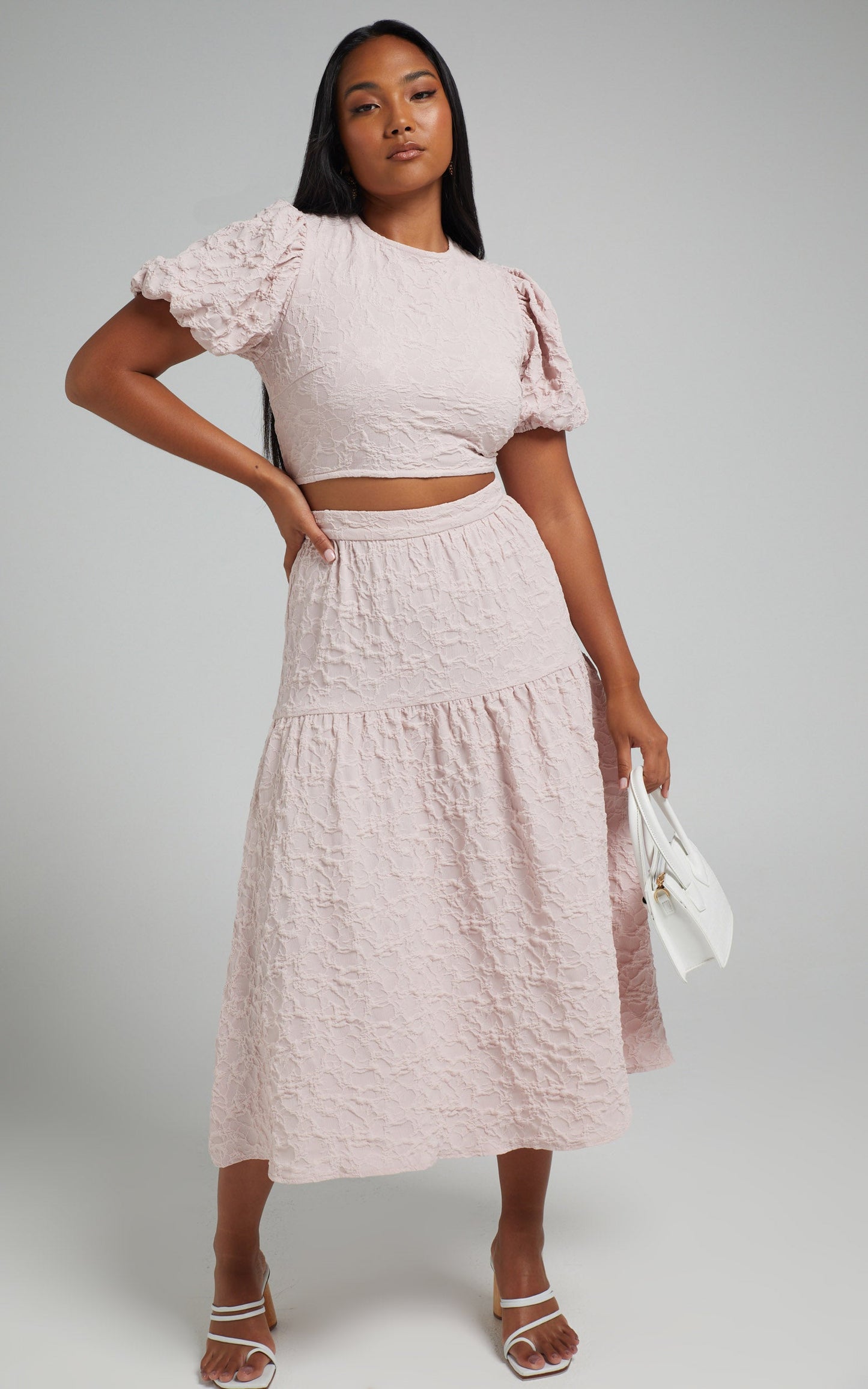 Leila Two Piece Set - Puff Sleeve Top and Midi Skirt Set in Pink