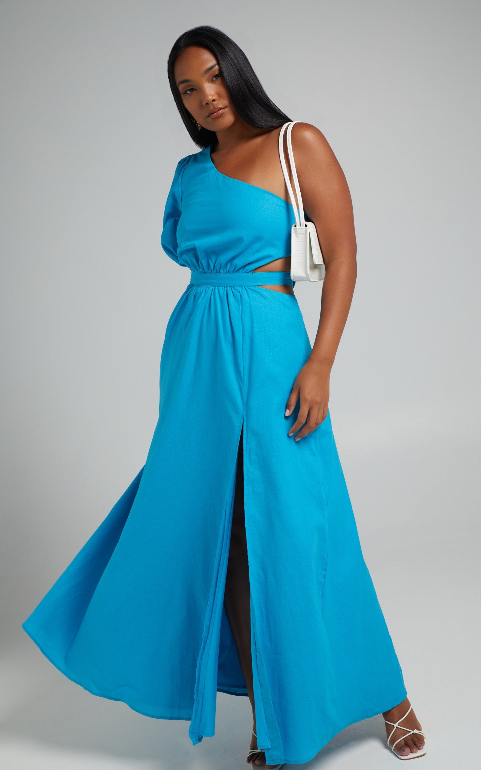 Cedie Midi Dress - One Shoulder Puff Sleeve Dress in Blue