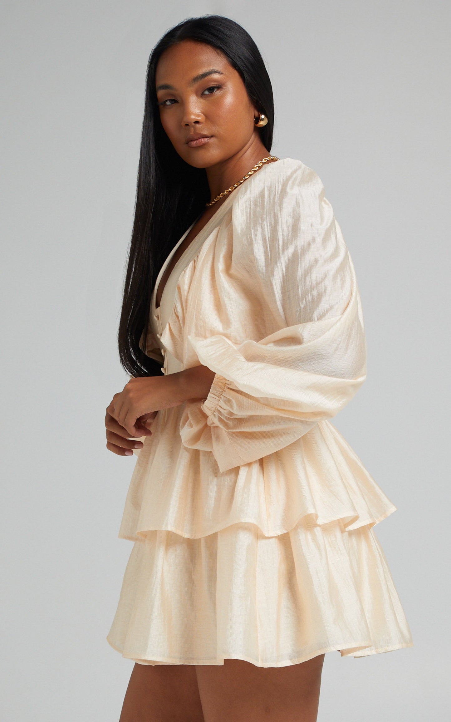 Constance Wide Sleeve Layered Mini Dress in Cream