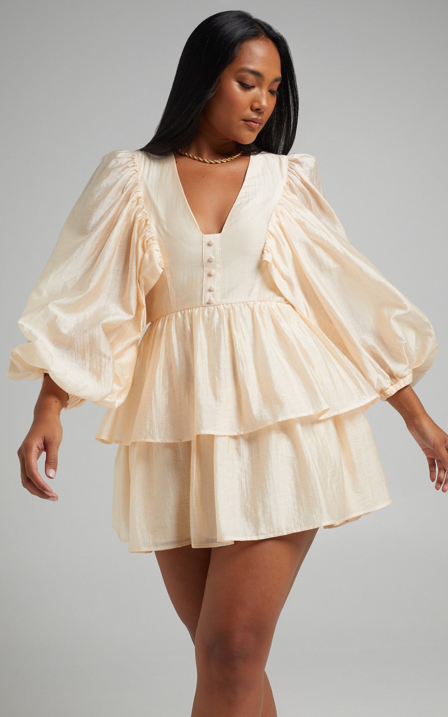 Constance Wide Sleeve Layered Mini Dress in Cream