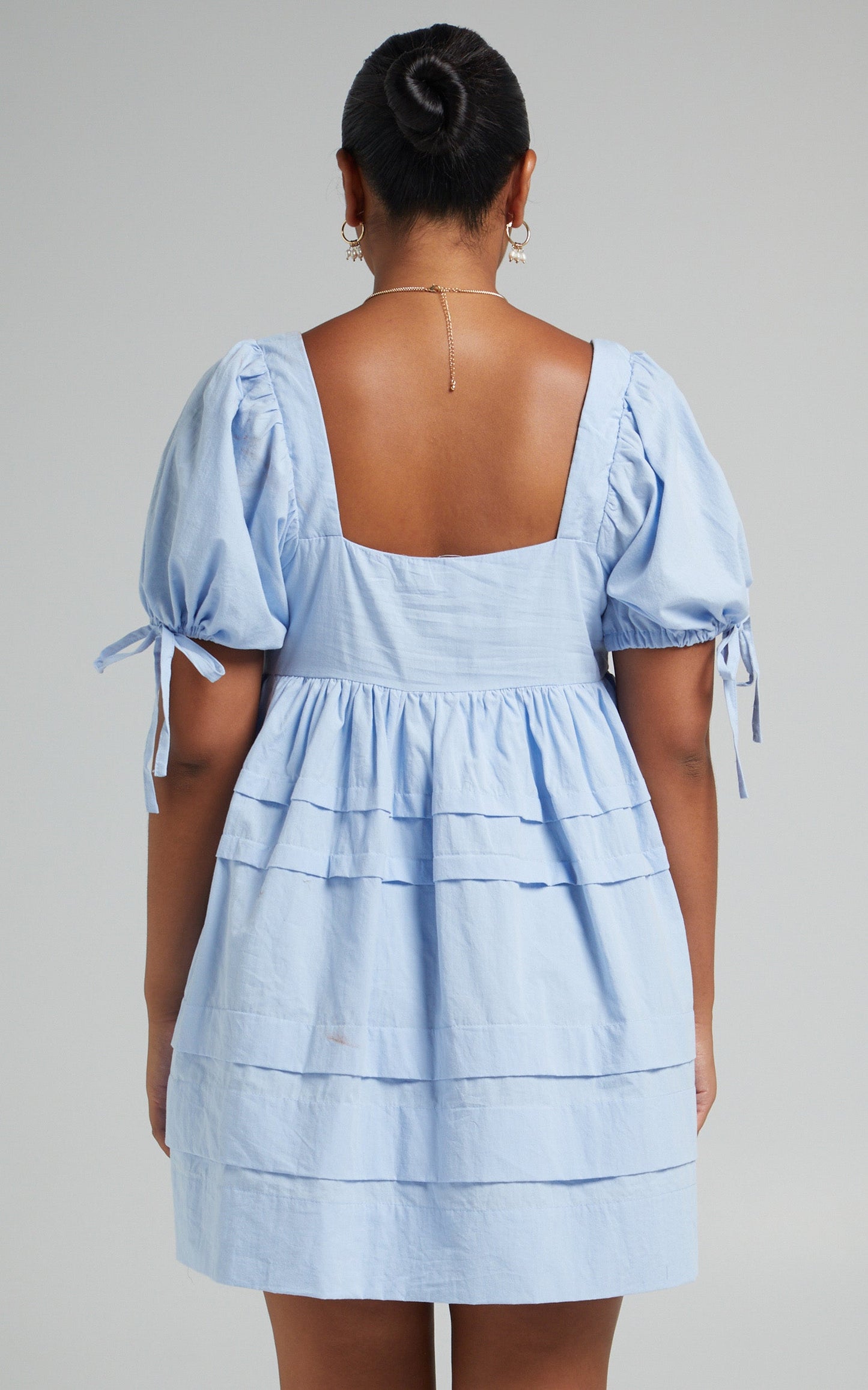 Eleua Mini Dress - Pintuck Short Puff Sleeve Dress in Baby Blue