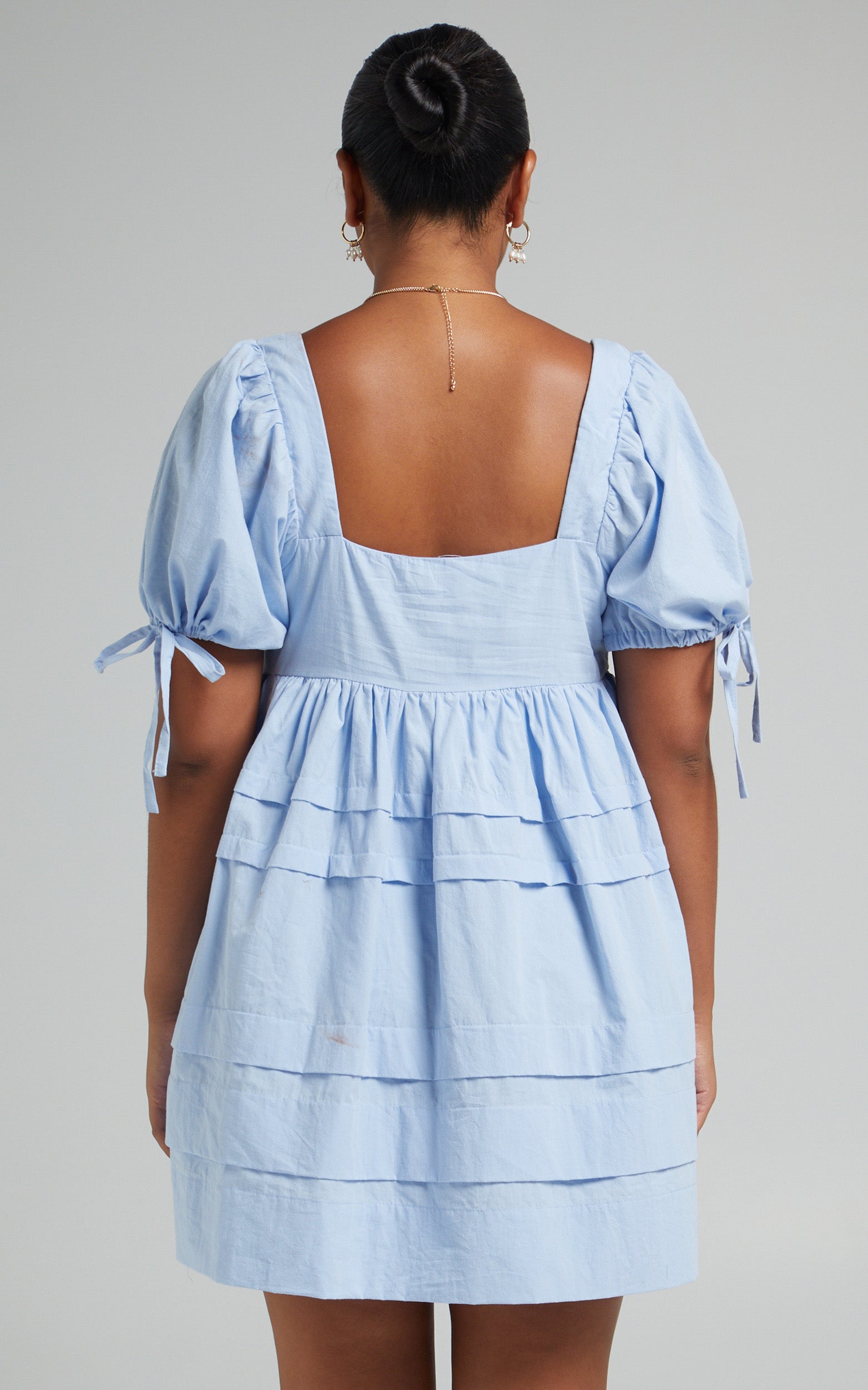 Eleua Mini Dress - Pintuck Short Puff Sleeve Dress in Baby Blue