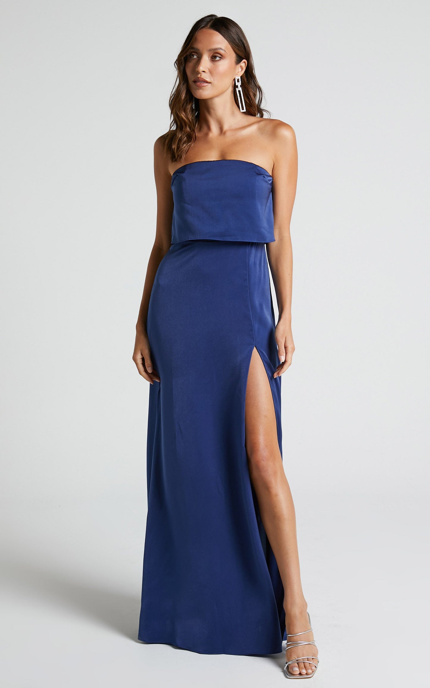 Rhyanna Maxi Dress - Strapless Thigh Split Satin Dress in Navy