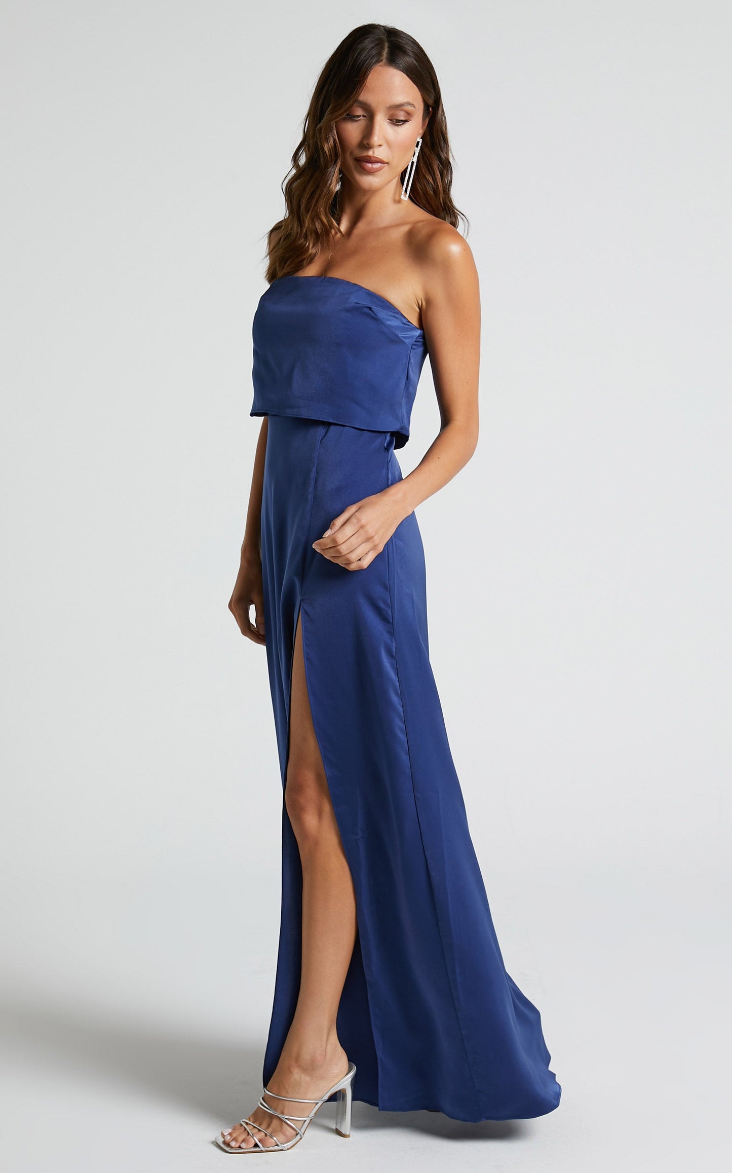 Rhyanna Maxi Dress - Strapless Thigh Split Satin Dress in Navy