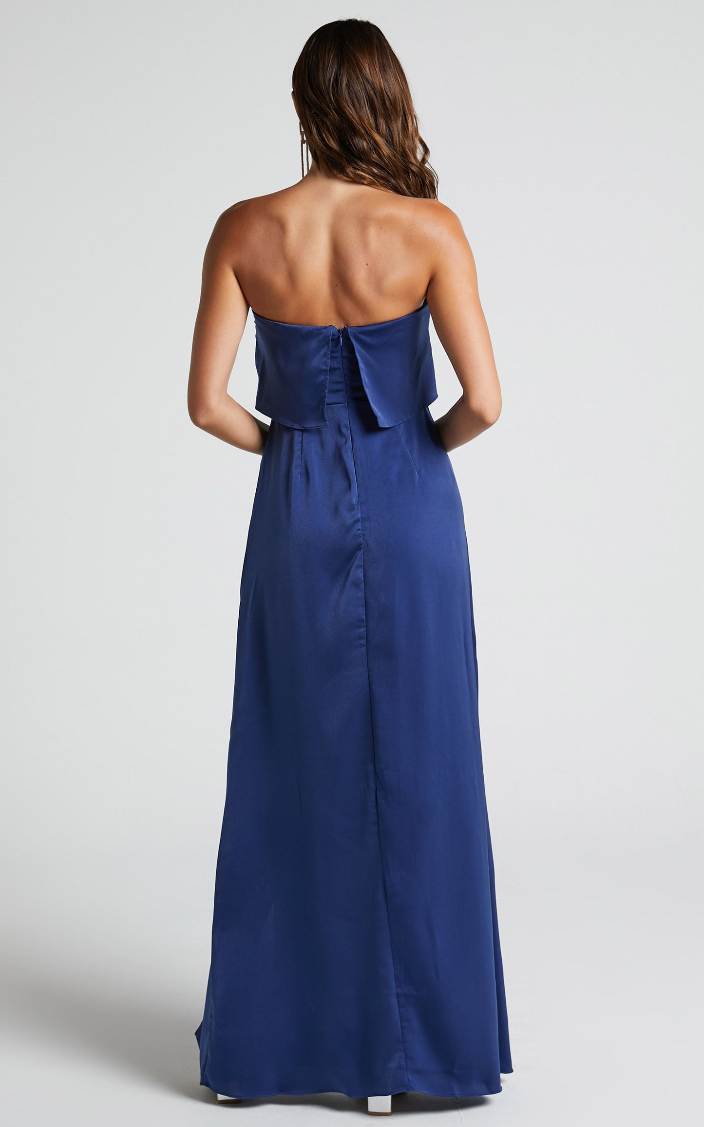 Rhyanna Maxi Dress - Strapless Thigh Split Satin Dress in Navy