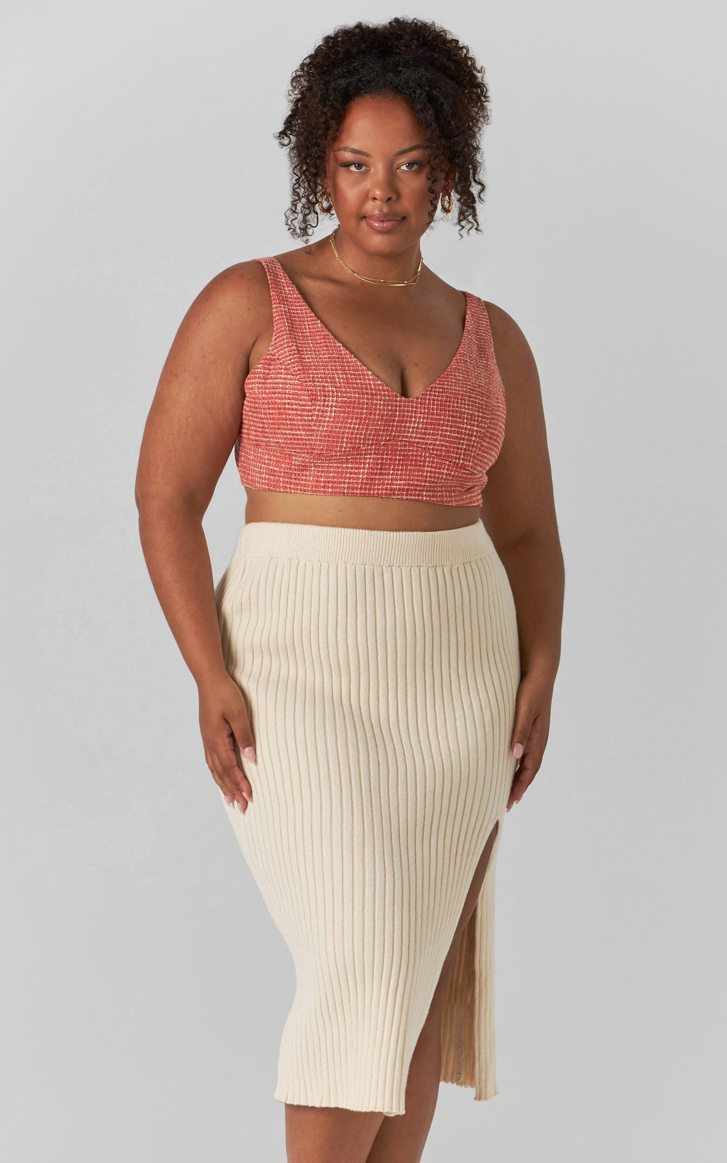 Rib Knit Midi Skirt with split in Beige