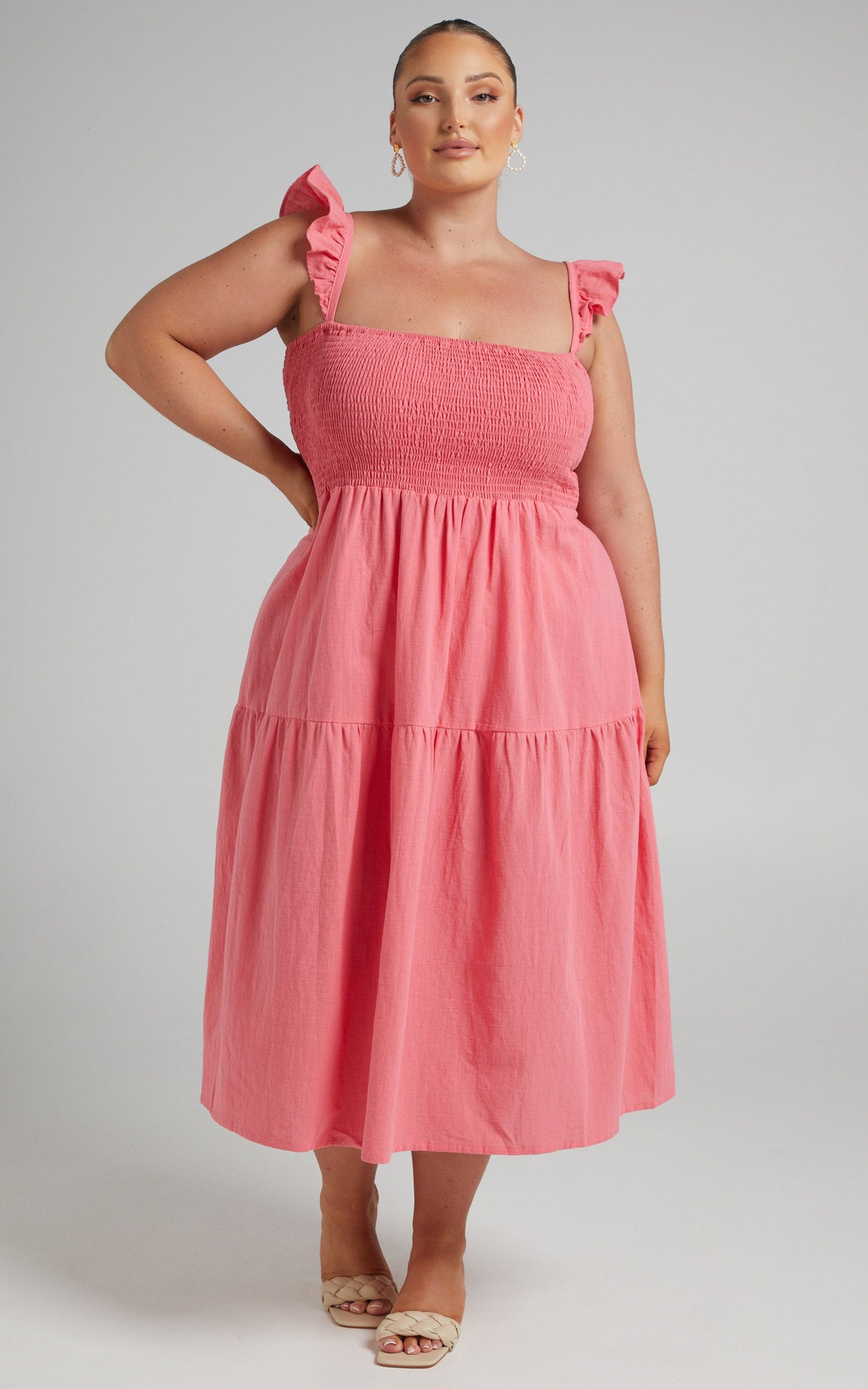 Angela Shirred Bodice Frill Strap Midi Dress in Coral