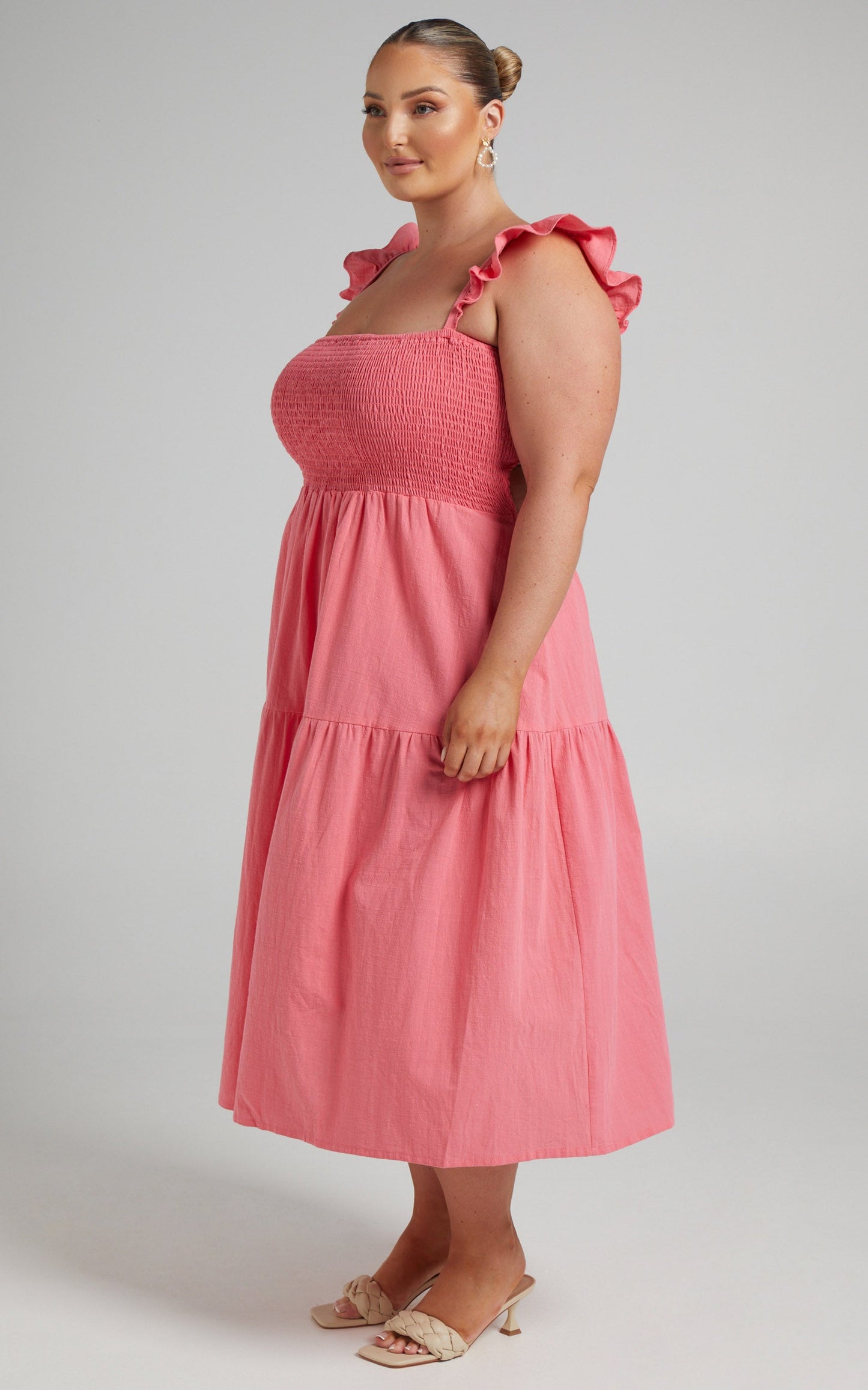 Angela Shirred Bodice Frill Strap Midi Dress in Coral