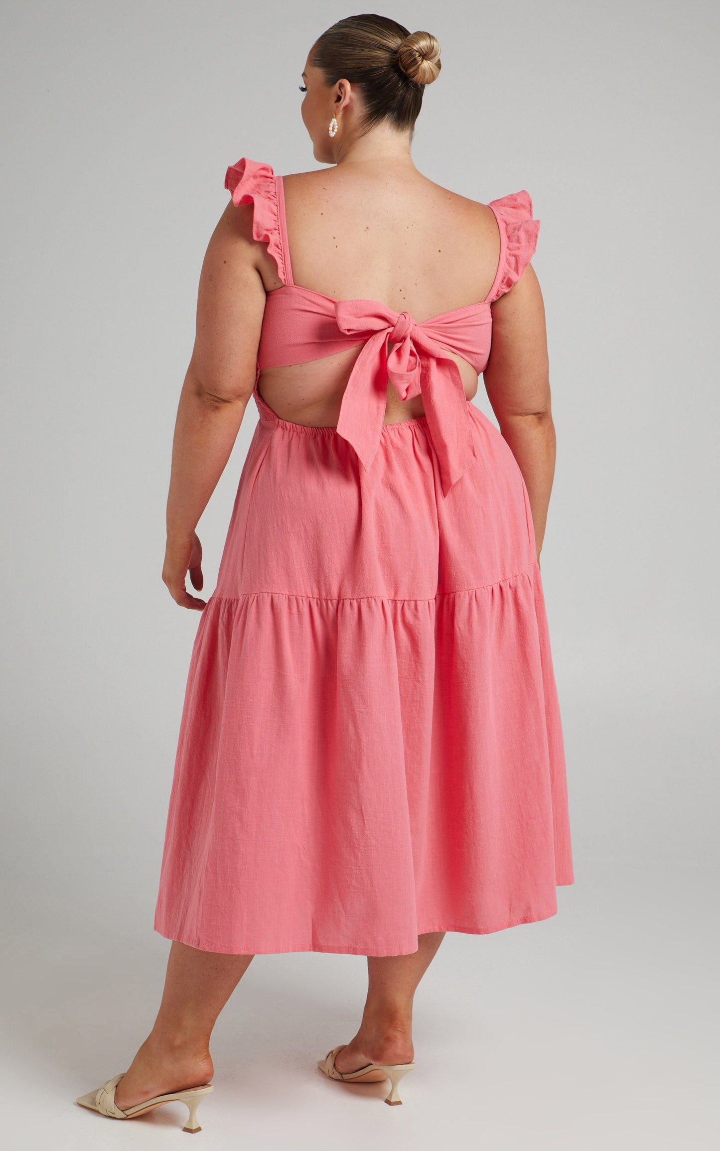 Angela Shirred Bodice Frill Strap Midi Dress in Coral