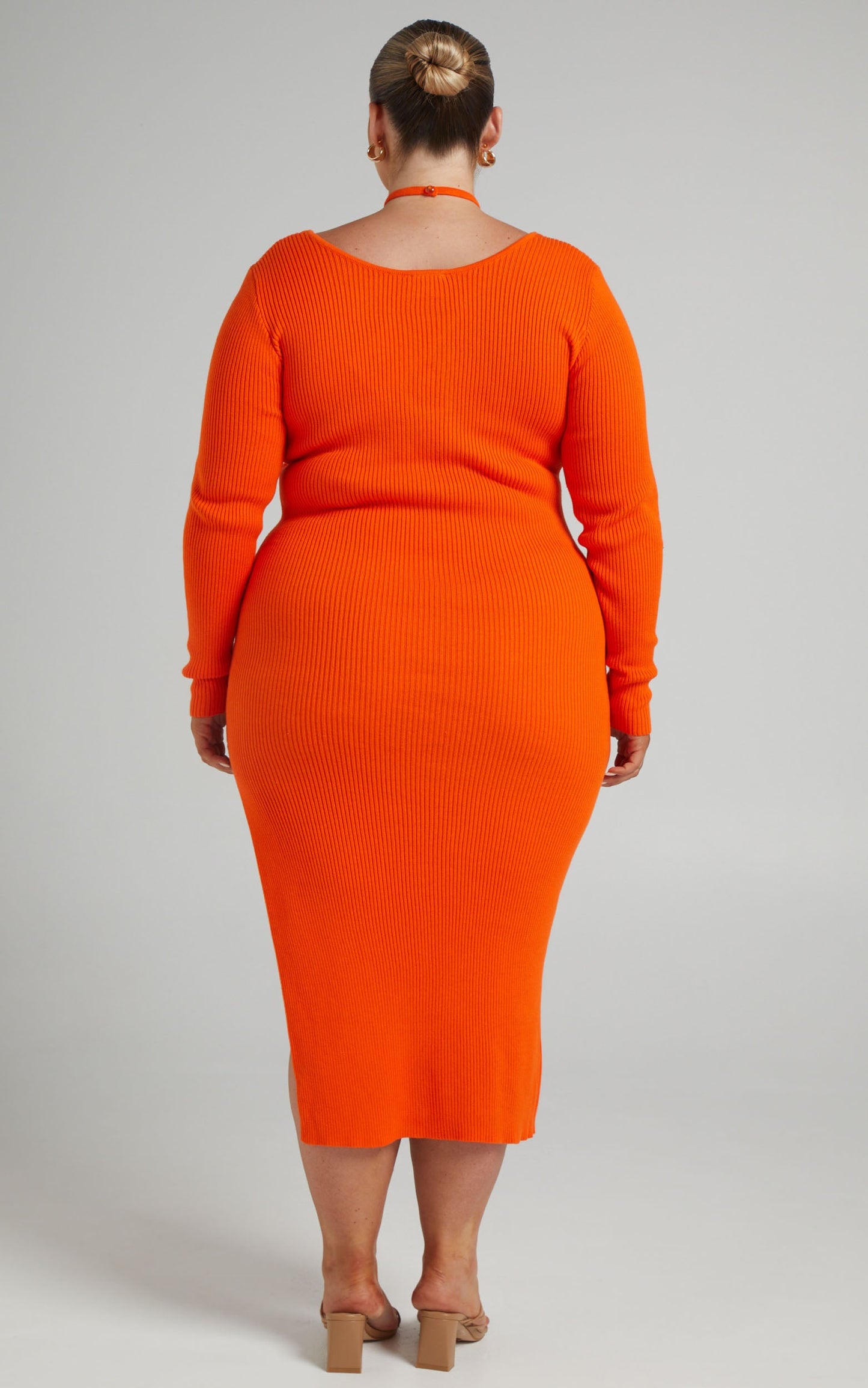 Vallery Midi Dress - Ribbed Long Sleeve Halter Neck Dress in Orange