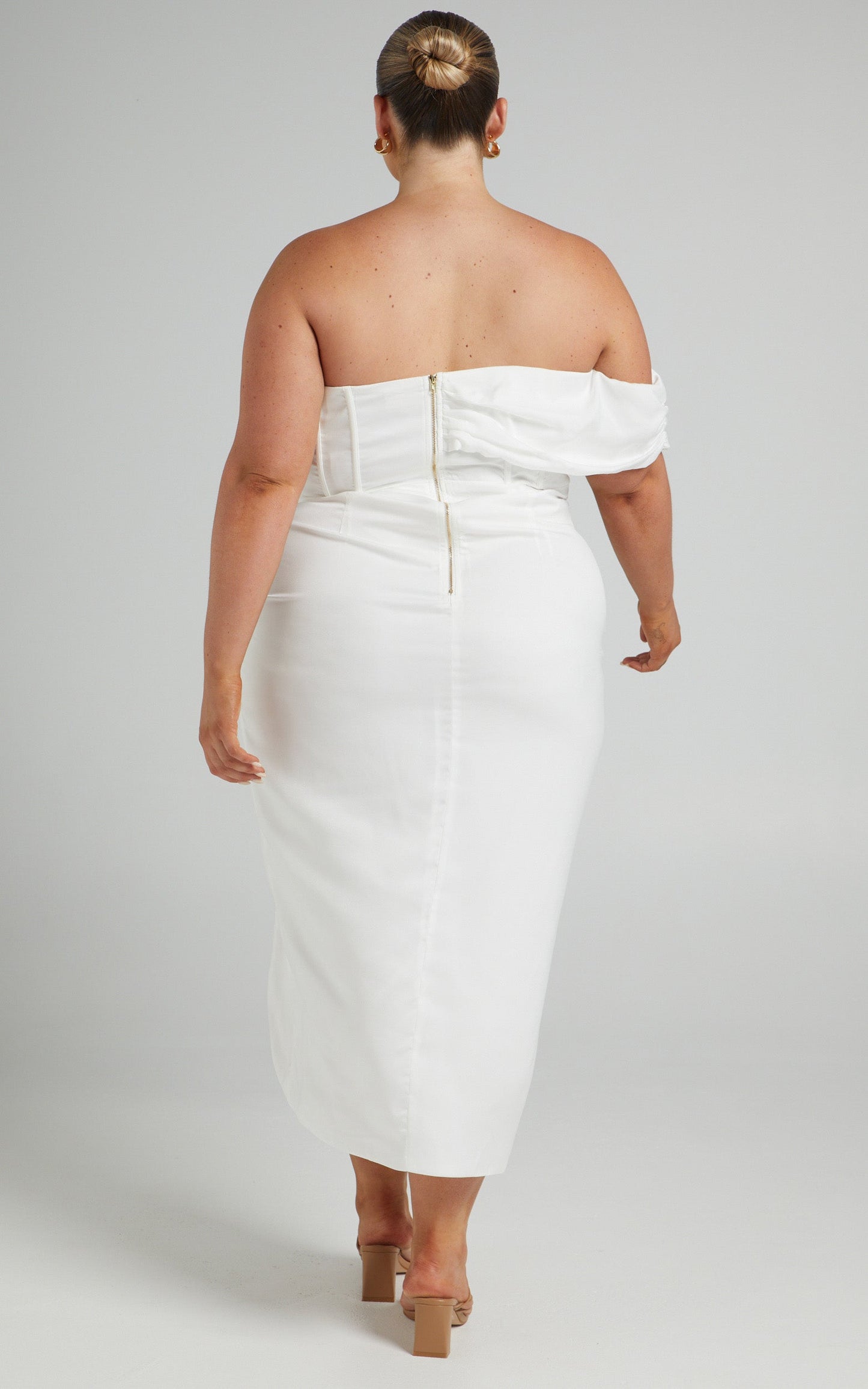 Hawk Midi Dress - Off Shoulder Corset Drawstring Detail Dress in White