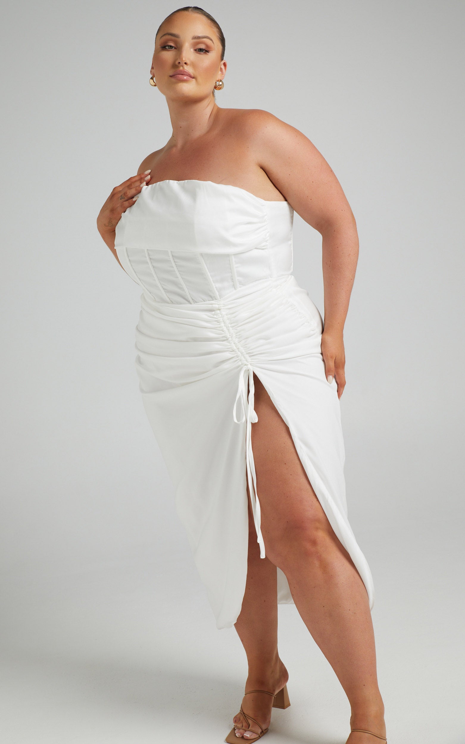 Hawk Midi Dress - Off Shoulder Corset Drawstring Detail Dress in White