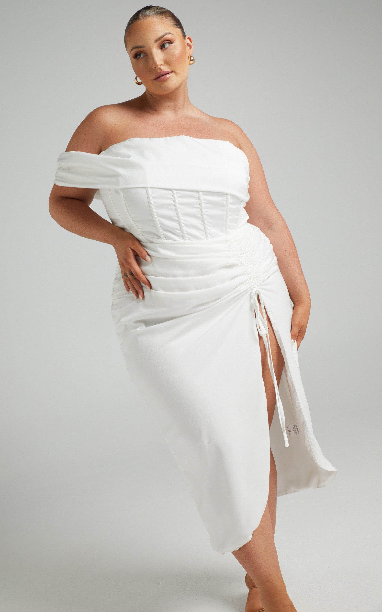 Hawk Midi Dress - Off Shoulder Corset Drawstring Detail Dress in White