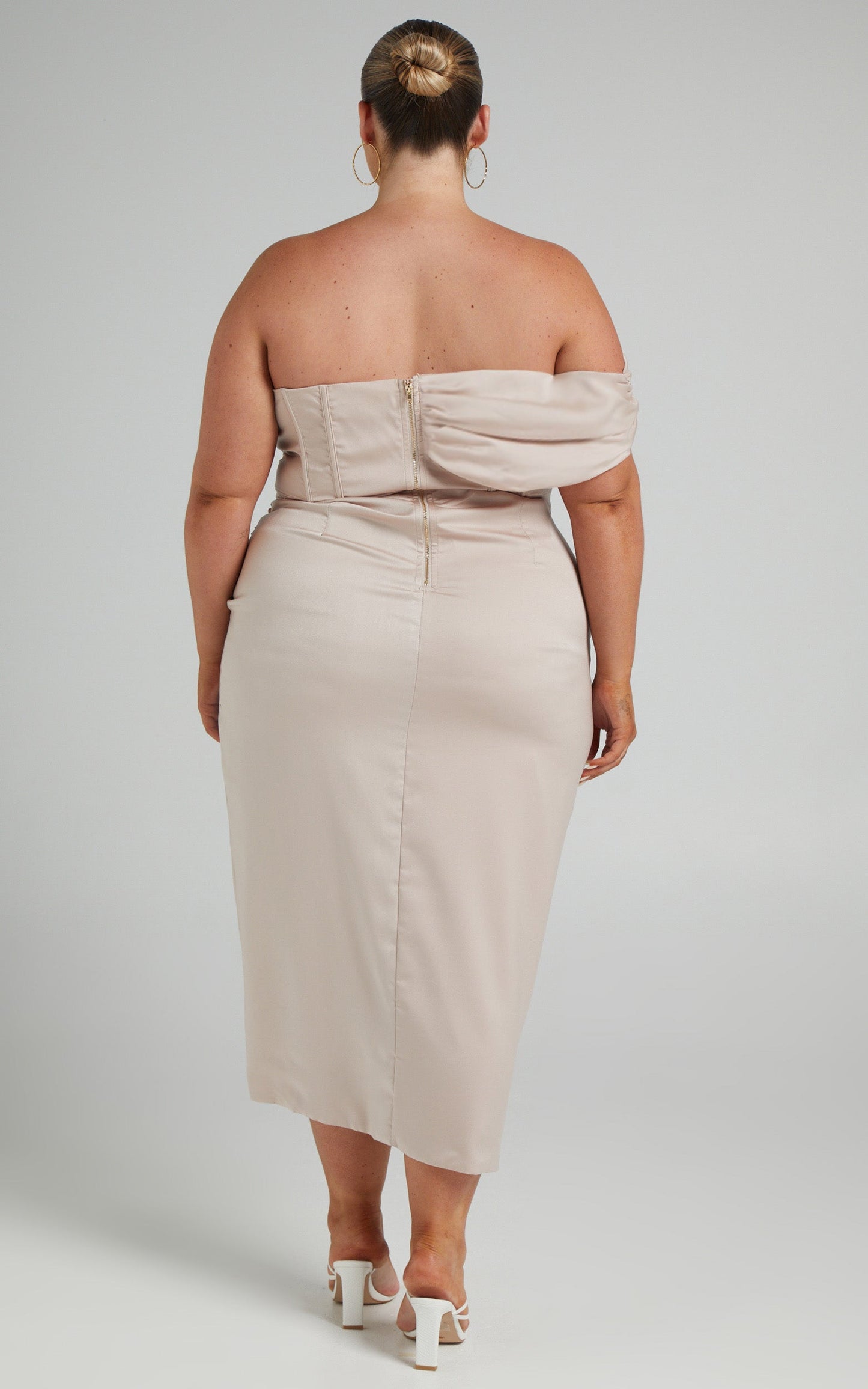 Hawk Midi Dress - Off Shoulder Corset Drawstring Detail Dress in Champagne
