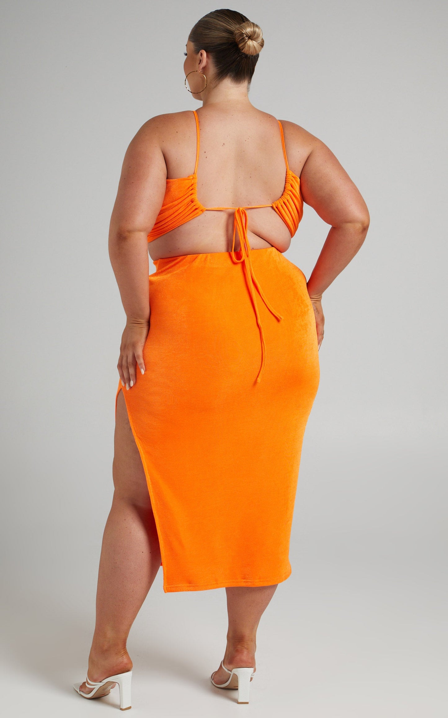 Geneva Bandeau Top Midi Skirt Two Piece Set in Orange