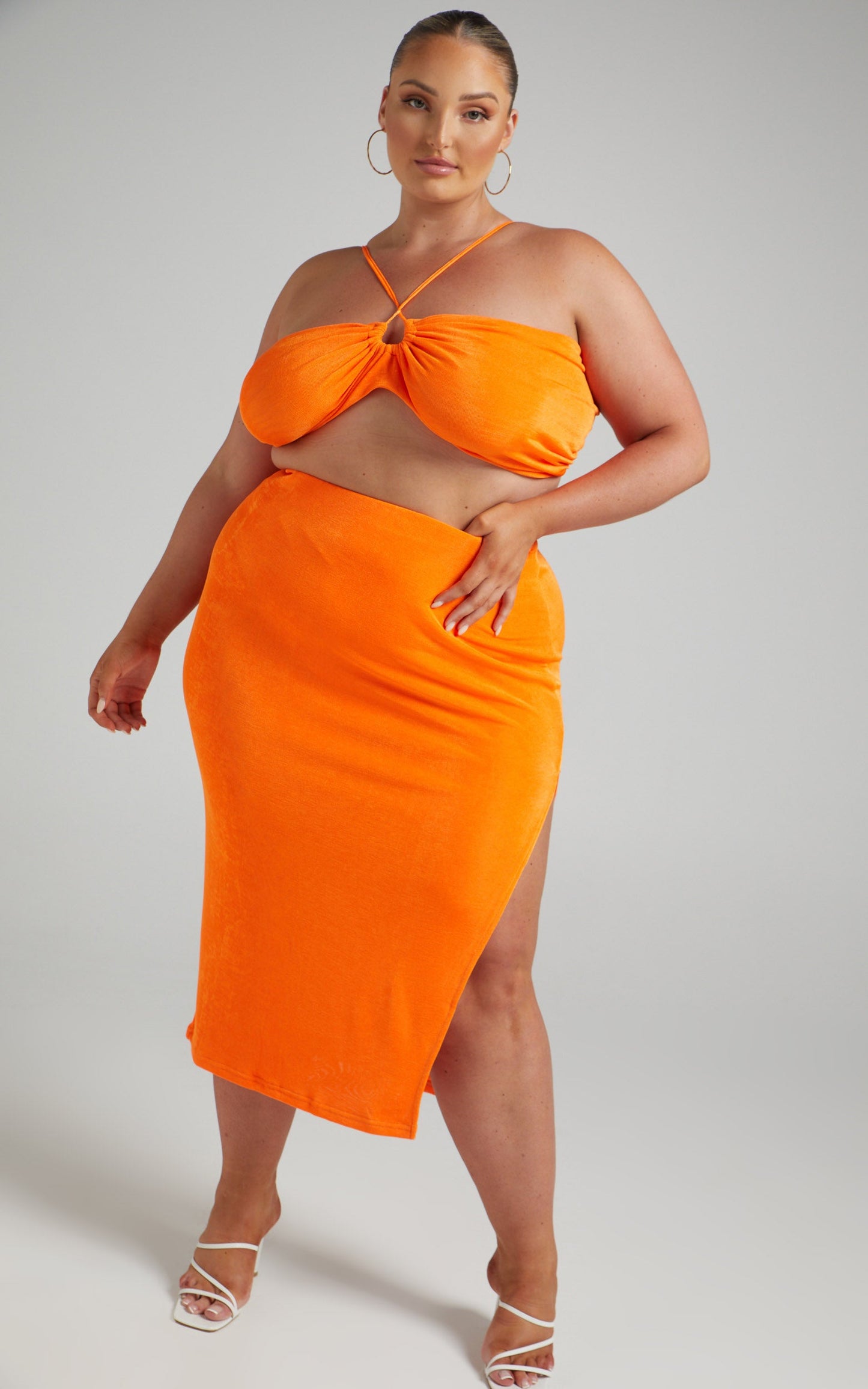 Geneva Bandeau Top Midi Skirt Two Piece Set in Orange