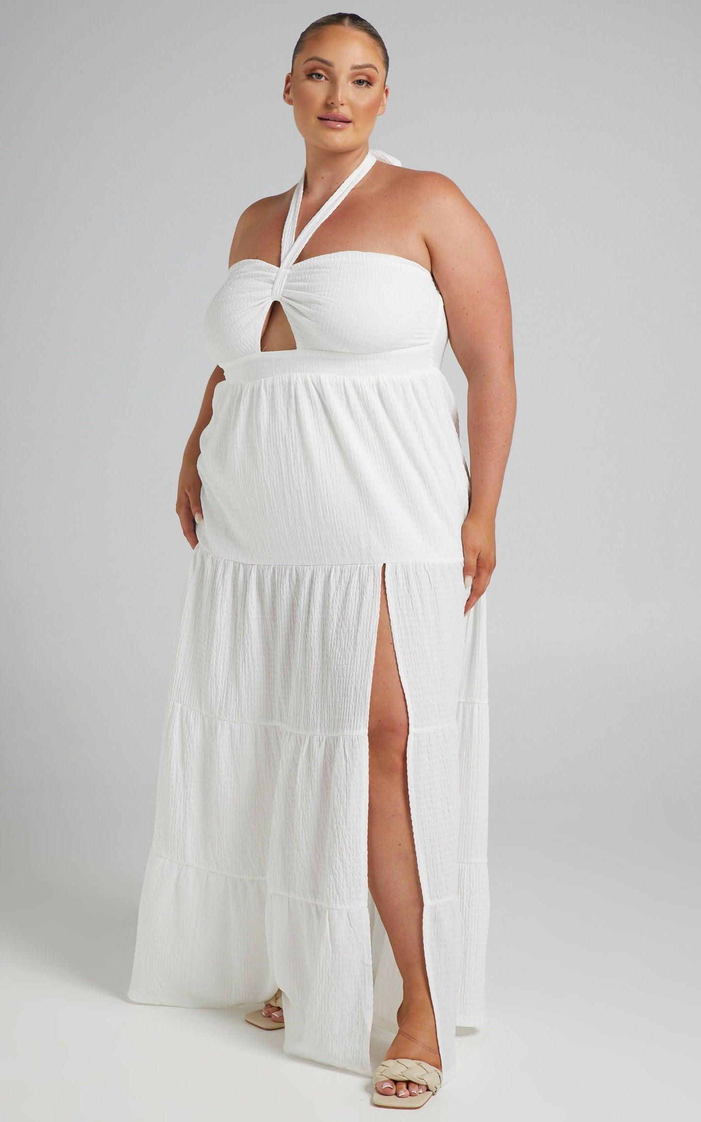 French Riviera Halter Tiered Maxi Dress in Cream