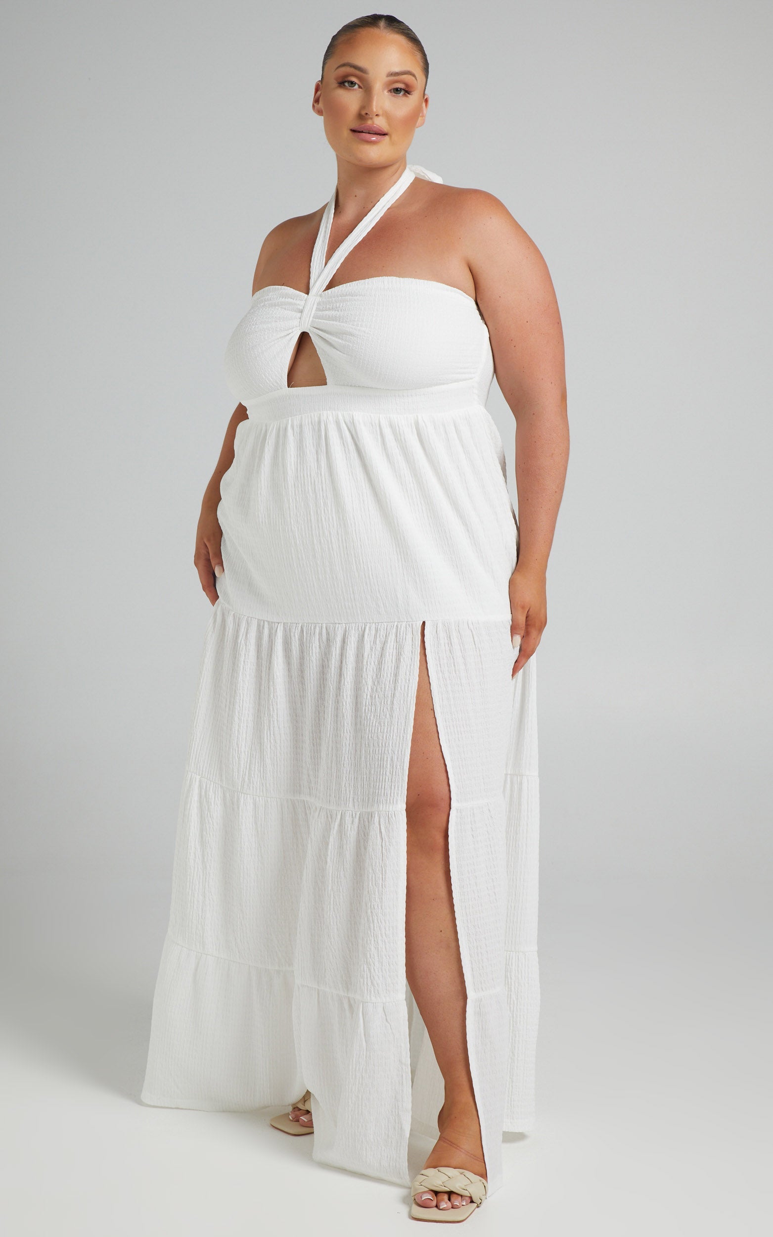 French Riviera Halter Tiered Maxi Dress in Cream
